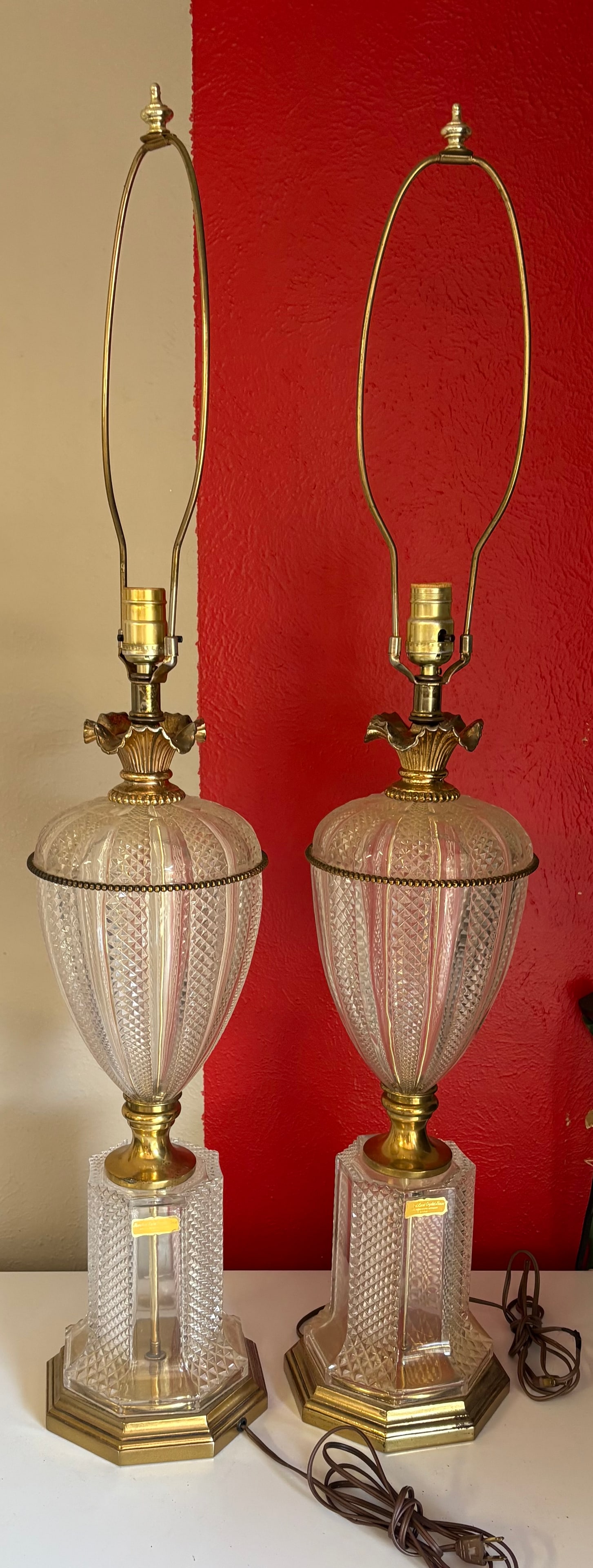Vtg (MCM) Pair of Lead Crystal/Solid Brass Table Lamps - West Germany: This is a matching pair of vintage Tritschler Winterhalder Bleikristall Lead Crystal Lamps, crafted in West Germany during the mid-20th century. Produced by Tritschler Winterhalder, a prestigious Germ