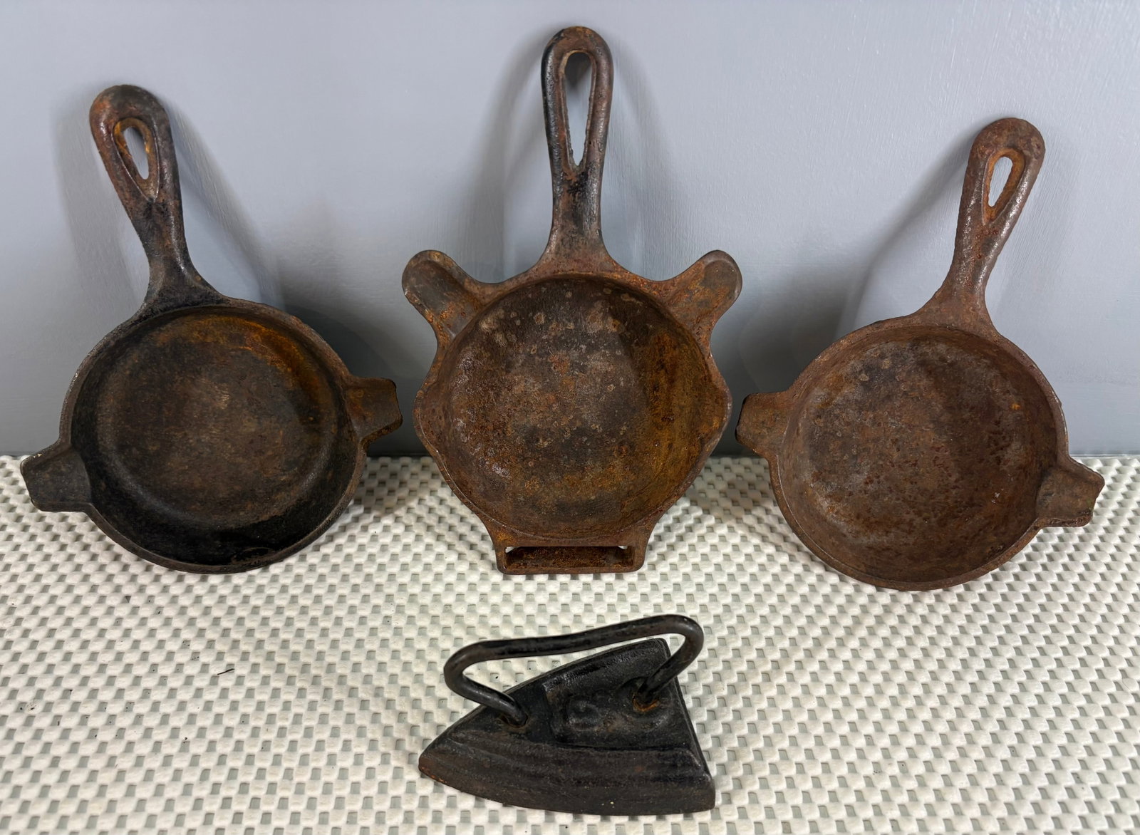 Antique Cast Iron Miniature Skillets (x3) & Sad Iron (1 of 9)