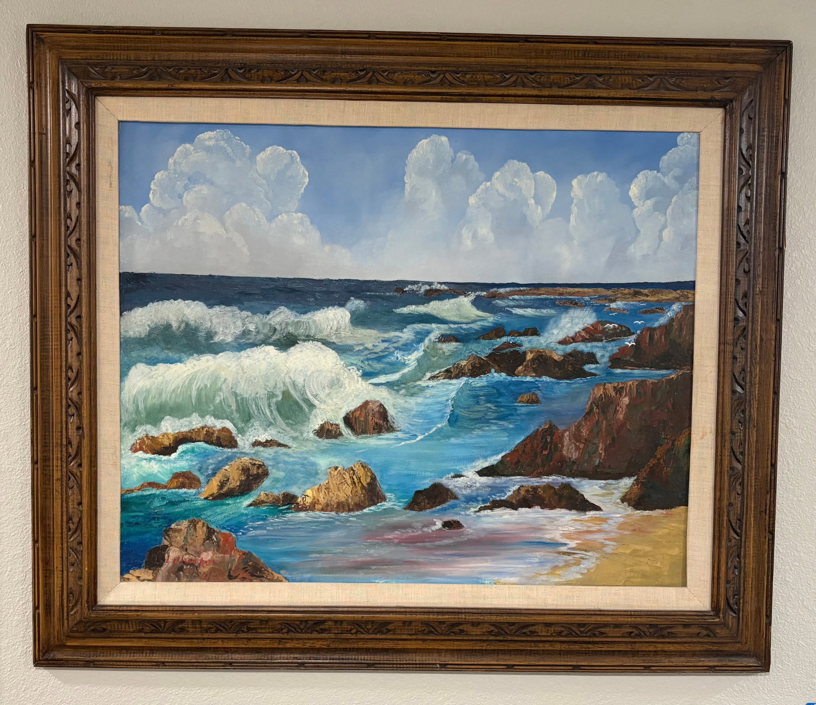 Vintage Oil-On-Canvas Dramatic Coastal Scene Painting - 39"L x 33"H: Vintage landscape artwork featuring a dramatic rocky seascape. A dynamic coastal scene featuring heavy, translucent turquoise waves breaking forcefully over rugged rock formations and spilling onto a 