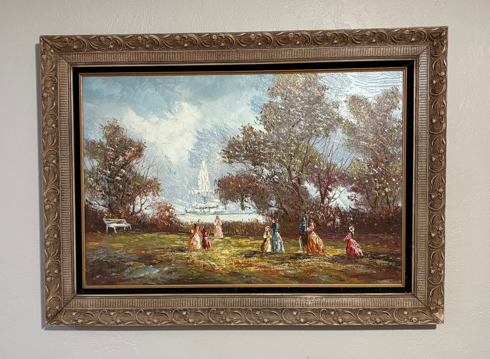 Vintage (MCM) Oil-on-Canvas Painting - Marie Charlot Pseudonym - 44"L x 32"H: Vintage "decor painting" attributed to the pseudonym Marie Charlot, used by art sellers in the 1960s and 1970s for works created by various artists for the home decor market. The piece features thick 