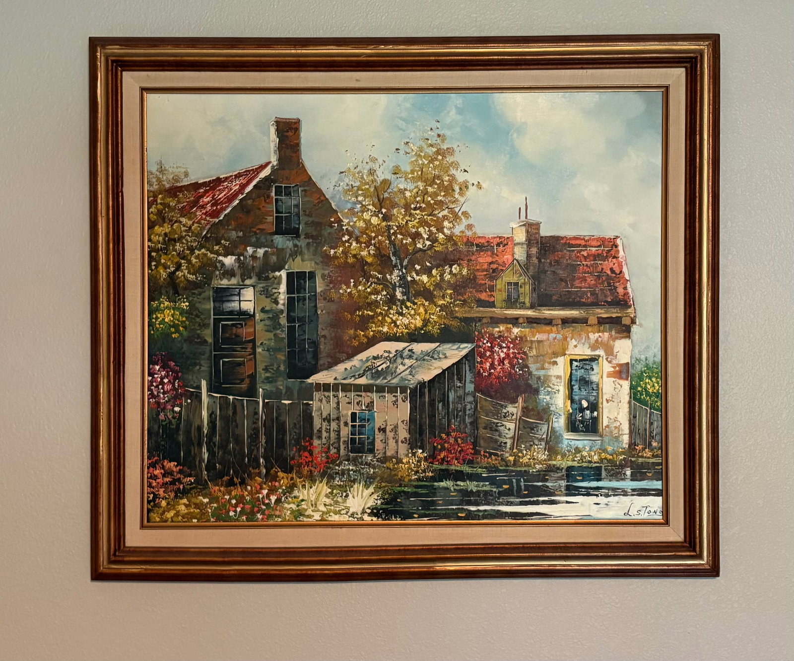 Vtg MCM (1960s/70s) European Village Landscape Oil Painting - 28 1/2"W x 25"H: Mid-century European village landscape oil painting w/thick, textured impasto brushwork. These pieces were commercial works inspired by 19th-century traditional Dutch village and canal scenes & were p