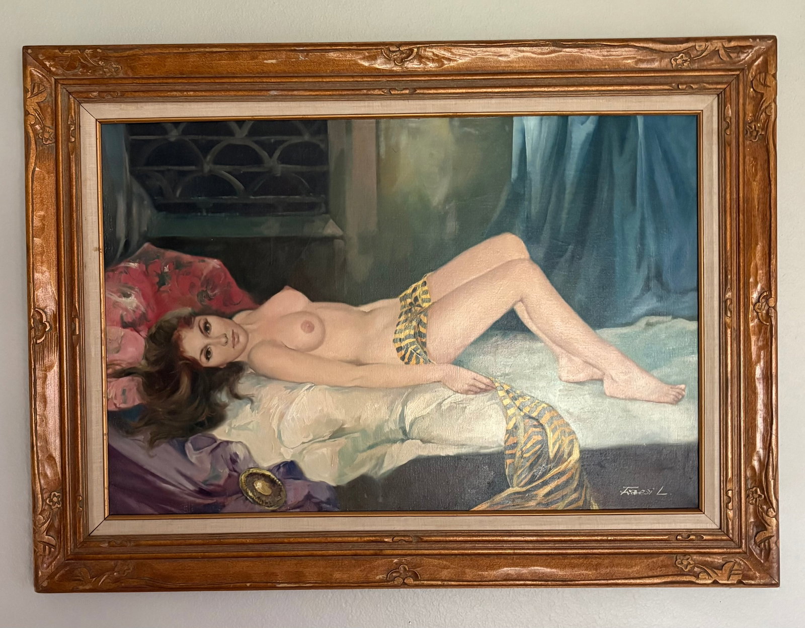 Vtg MCM Classical-Style Odalisque Oil Painting - 32 1/2"H x 45"W/L: Mid-20th-century classical-style oil painting of a reclining female lounging on a bed with a tiger/leopard patterned cloth. A classic reclining odalisque figure looking directly at the viewer, resting