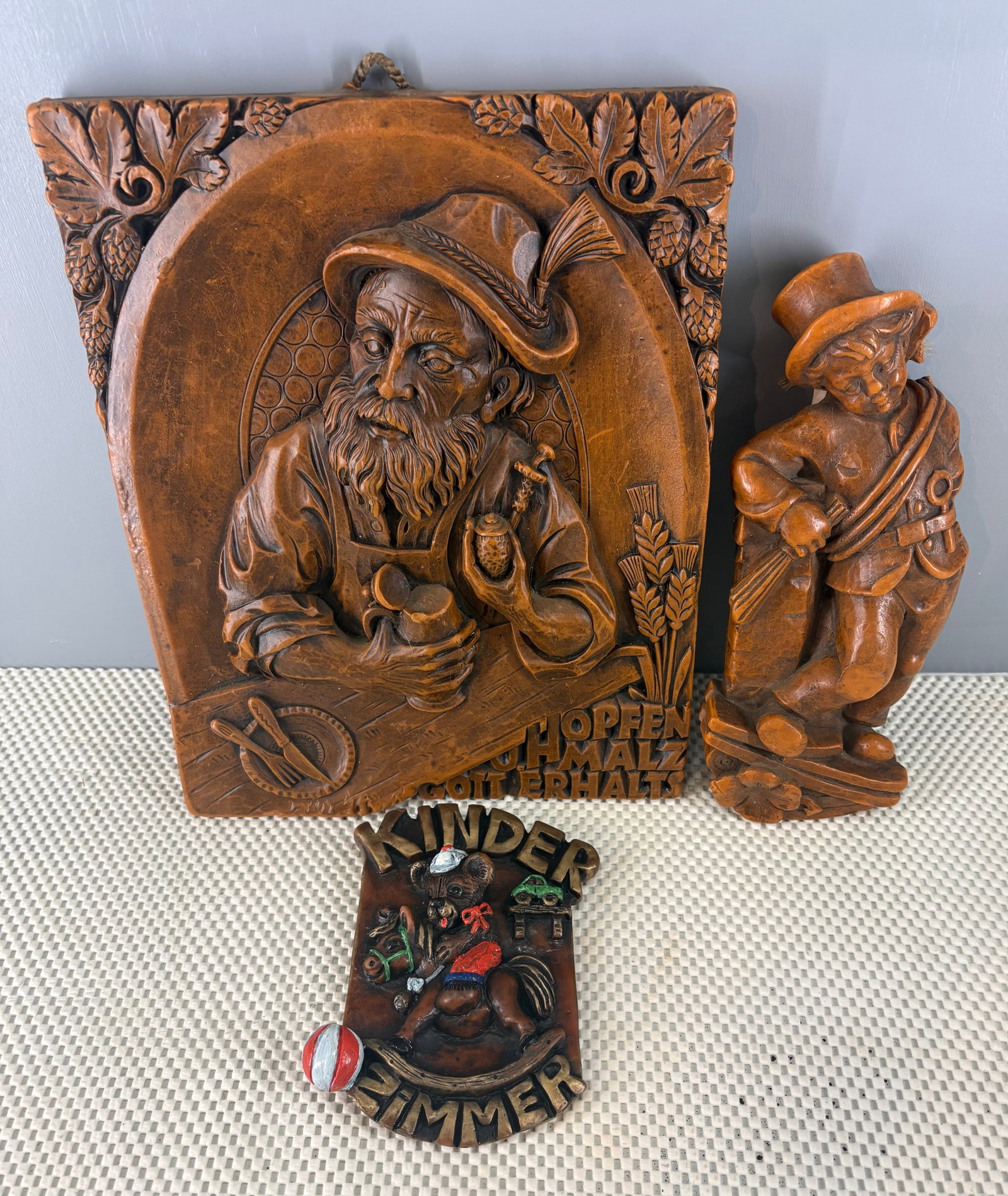 Vintage German Hand-Carved Wax Relief Wall Plaques x3: This ad features 3 distinct authentic German hand-carved wax relief decorative Wall Plaques. They are all made in Germany & are 100% wax sculpted (save for the hook loop). They include the following: 
