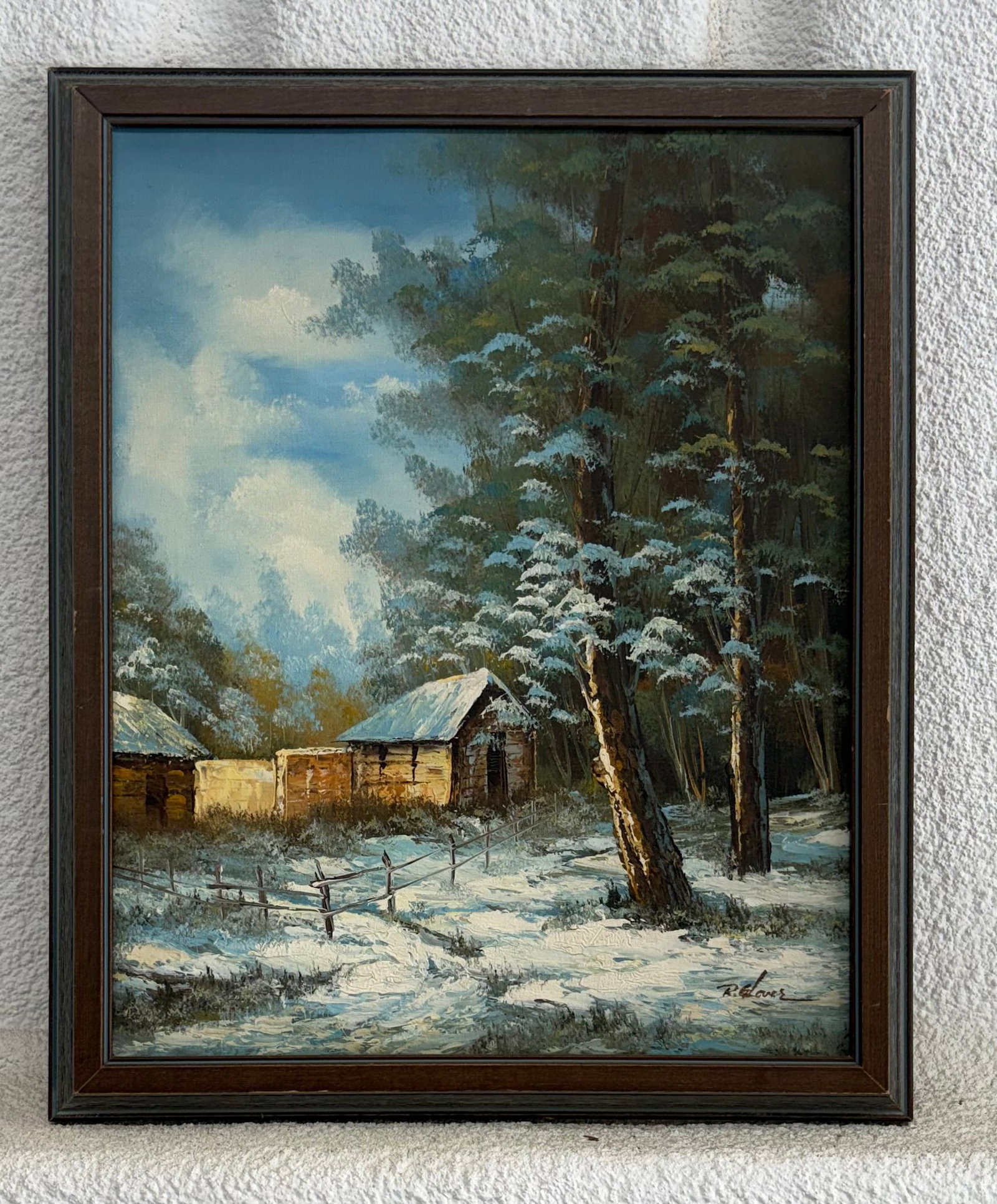 Vintage MCM Original Oil Painting - Rustic Winter Landscape (23"H x 18"W): Vintage mid-to-late 20th-century original oil painting depicting a rustic winter landscape. The painting is executed in a traditional "wet-on-wet" impressionistic technique popularized mid-century by 