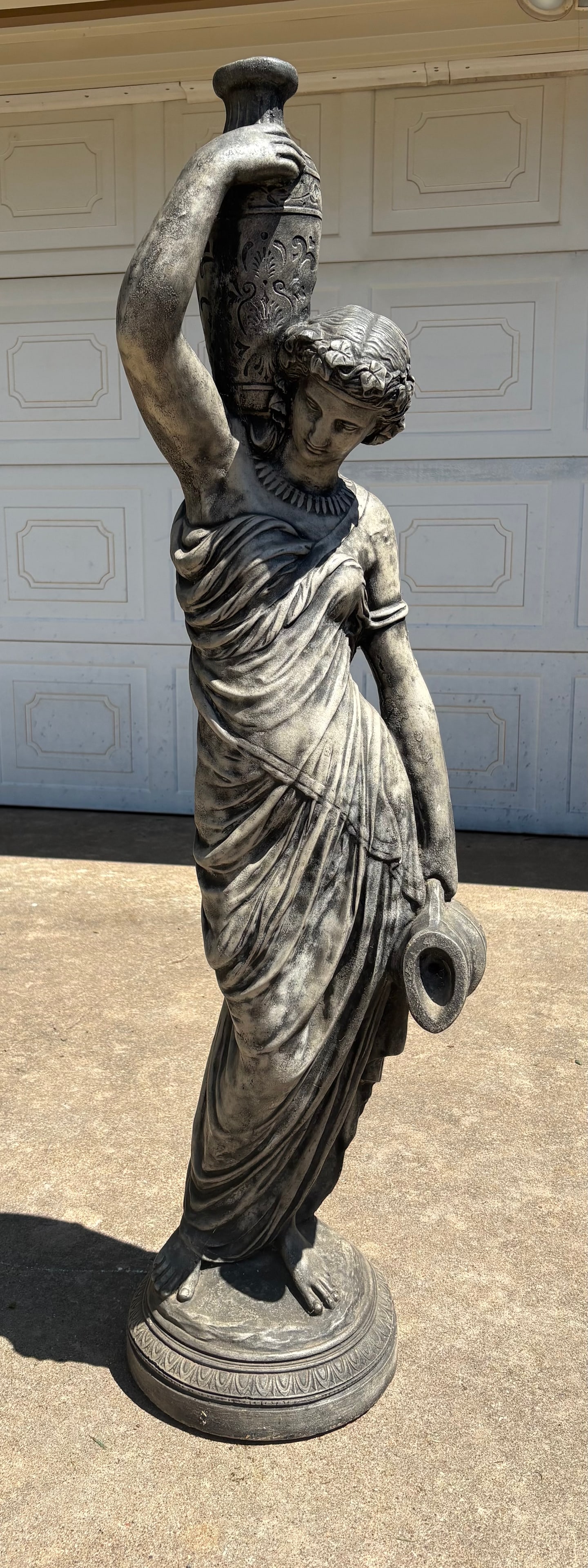 Vintage Classical Greco-Roman Style Garden Statue (Rebecca at the Well) - 57" x 13" x 10": A classical Greco-Roman style garden statue known as "Rebecca at the Well" (also widely known as Grecian Lady or Phoebe statue). This Greco-Roman style woman wearing traditional draped garments, balan