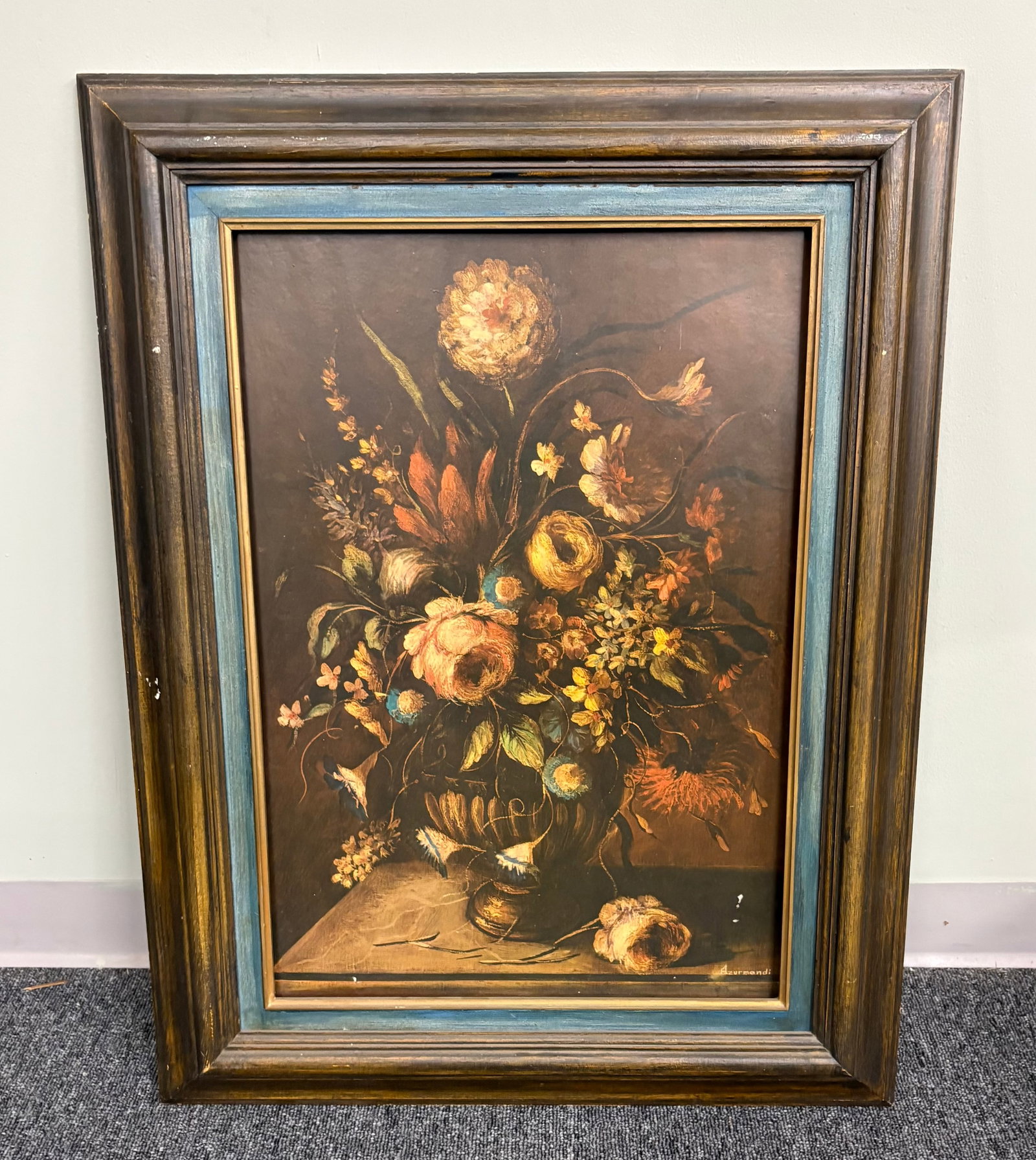 Vtg MCM Floral Still Life Oil Painting: This is a 20th-century floral still life oil painting rendered in the classic Baroque, Old Master Dutch style. The composition features a rich, dense bouquet of mixed blossoms arranged inside a dark v