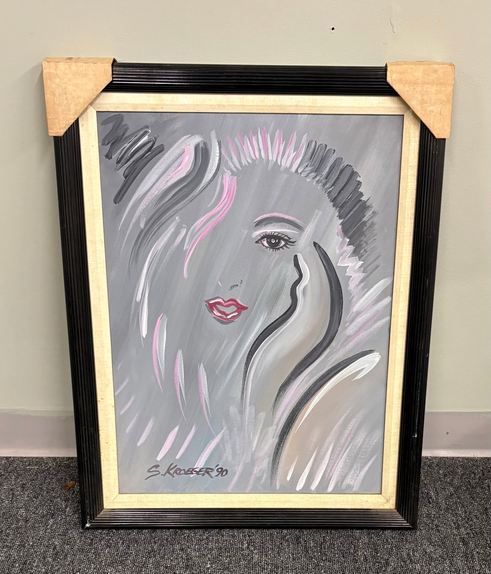 Vtg (1990s) MCM Acrylic Minimalist Portrait Painting: An original 1990 acrylic minimalist portrait painting, heavily inspired by the late 1980s and early 1990s Art Deco revival style. The painting has the signature, in the bottom left corner, "S. Kroeger