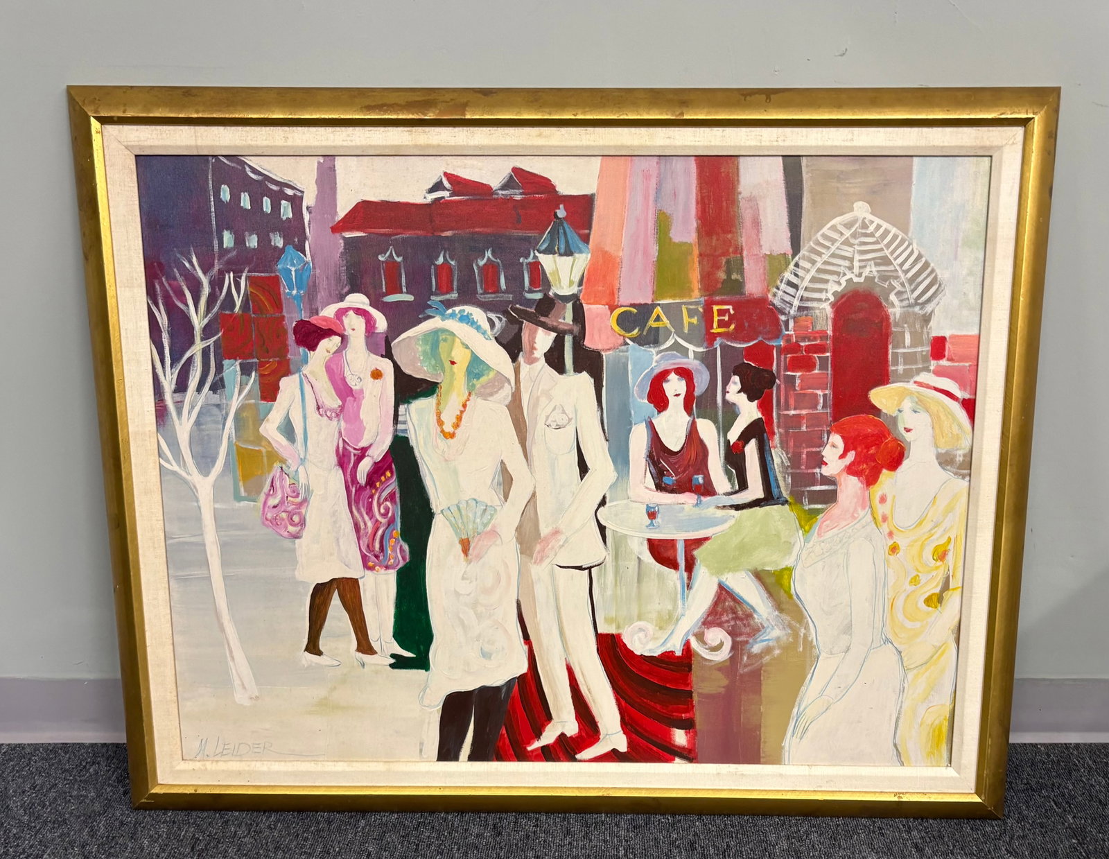 Vtg Post-Impressionist Style Framed Painting: Original artwork by the Israeli artist Moshe Leider (born 1945). The artwork showcases Leider's signature post-impressionist style, heavily focused on vibrant, stylized depictions of elegant figures g