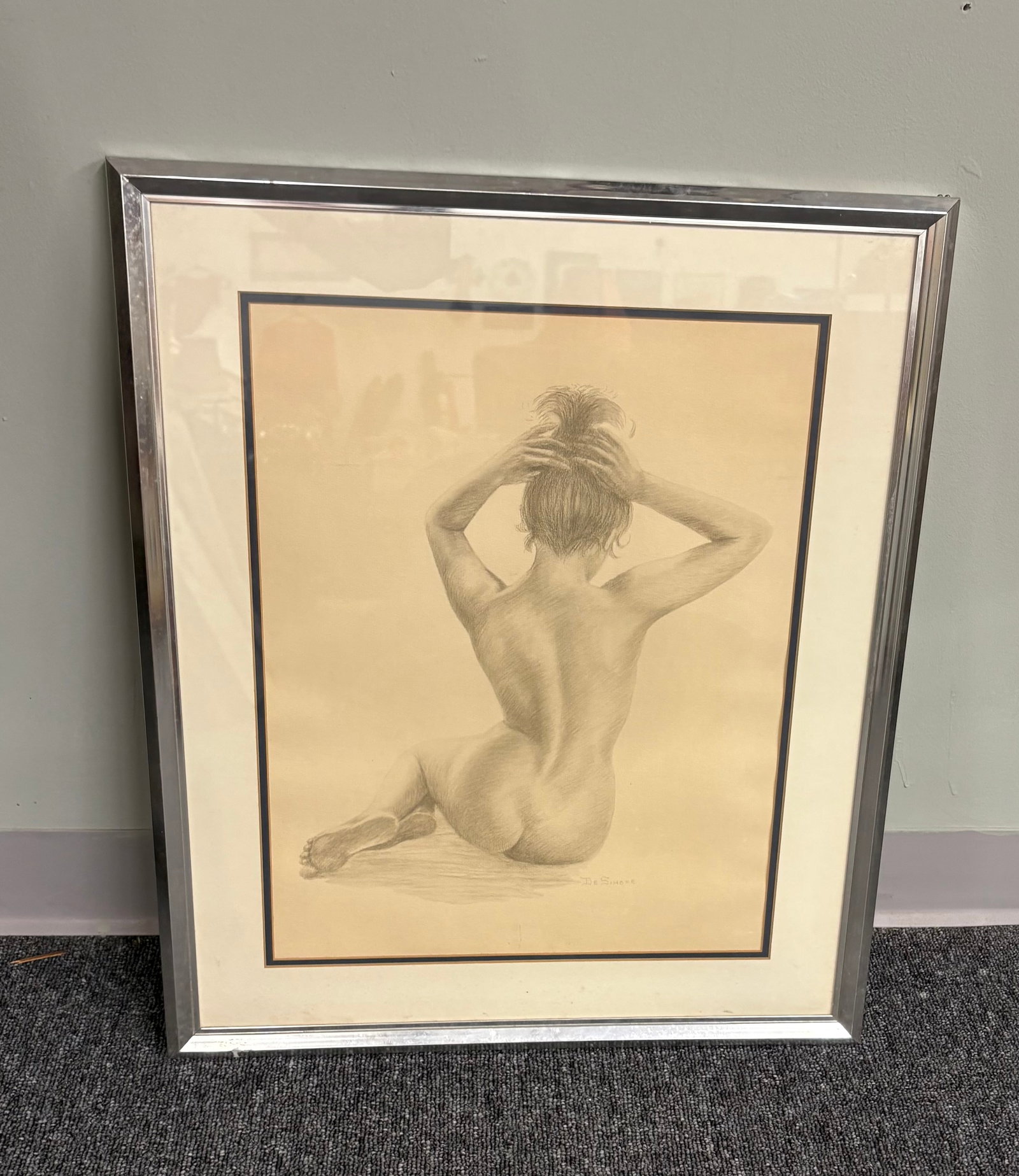 Vtg MCM Figurative Lithograph Framed "Nude Woman in Pose": Vintage framed figurative lithograph titled "Nude Woman in Pose" by artist De Simone. The piece is a graphite-style pencil drawing print featuring a seated nude woman viewed from the back. A classical