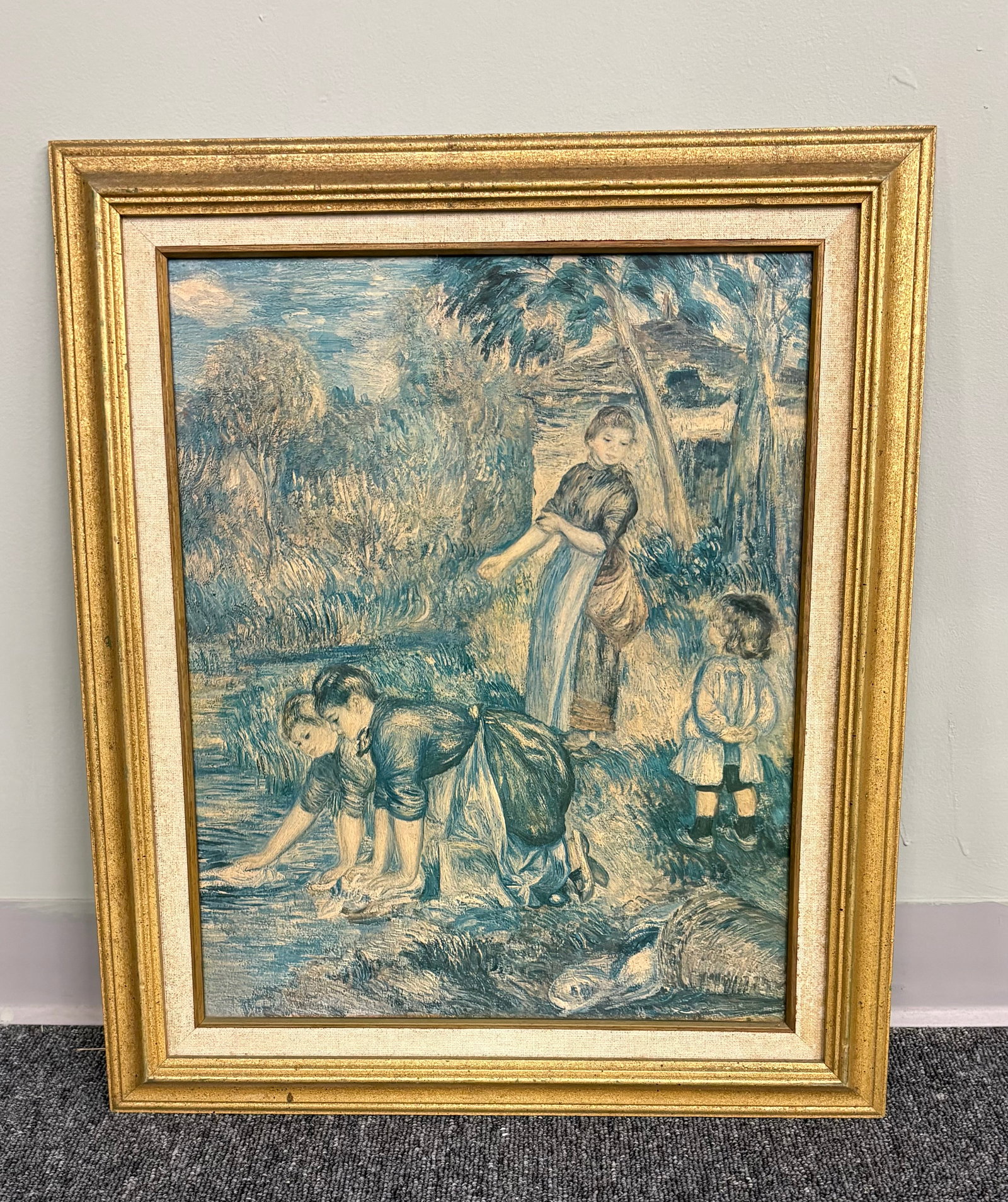 Vtg (1960s/70s) "The Washer-Women" MCM Reproduction Print of an 1888 Renoir Painting: This is a vintage reproduction print of the 1888 painting "The Washer-Women" (also titled La Blanchisseuse), originally painted by French Impressionist artist Pierre-Auguste Renoir circa 1888-1889. Th
