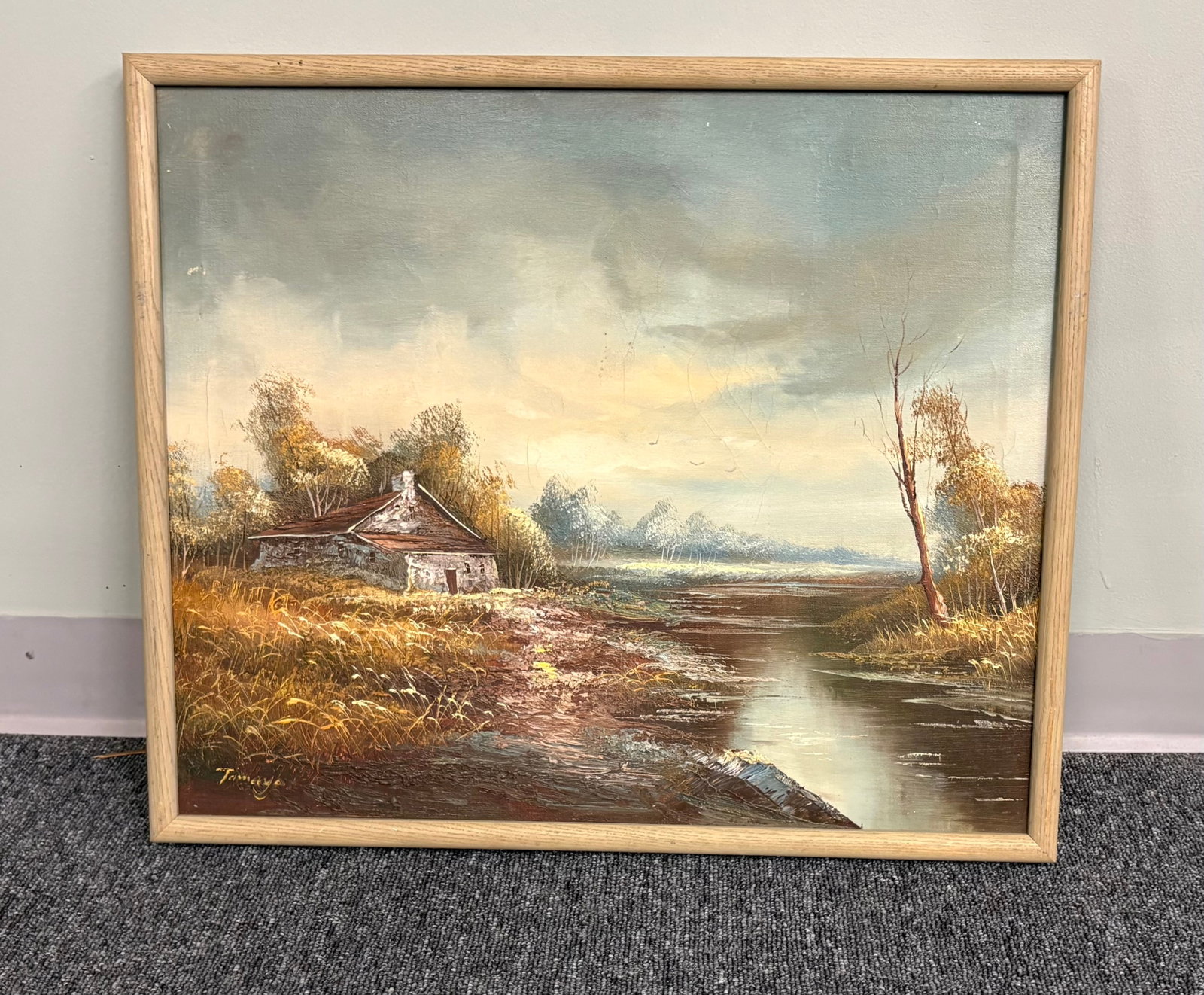 Vtg (1960s/80s) MCM Vintage Rustic Waterside Cottage Framed Oil Painting: Mid-to-late 20th-century vintage landscape oil painting on canvas "factory art" or home decor of a rustic waterside cottage. Contains the signature "Tamayo" (or "H. Tomayo") which is a pseudonym. This
