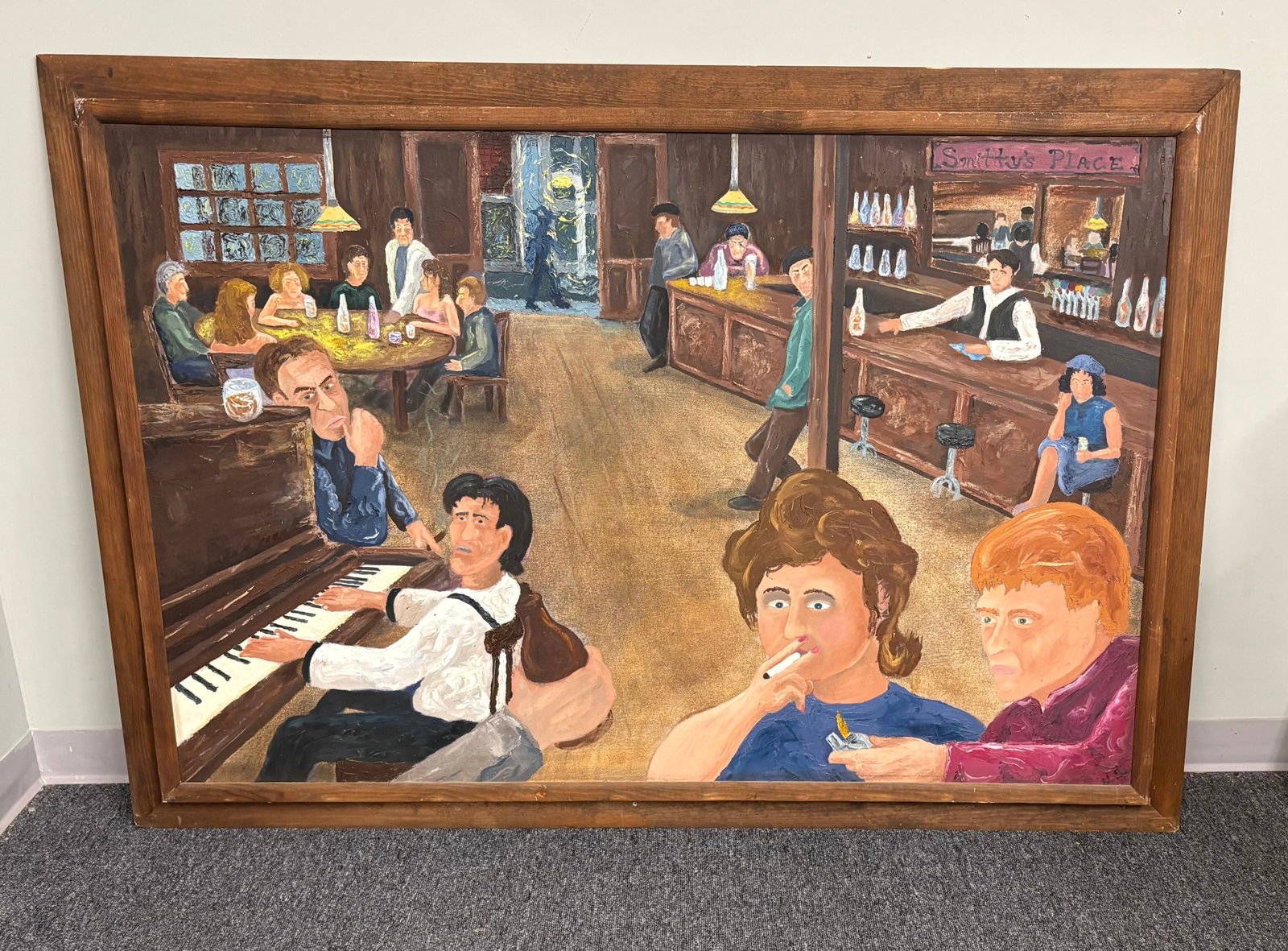 Vtg (1960s) "Smitty's Place" Pub Framed Oil on Canvas Painting: Original oil on canvas painting, titled "The People's Pub" depicting a bustling 1960s modernist interior view of a bar scene. The artwork is a vintage piece, specifically described as a 1960s modernis