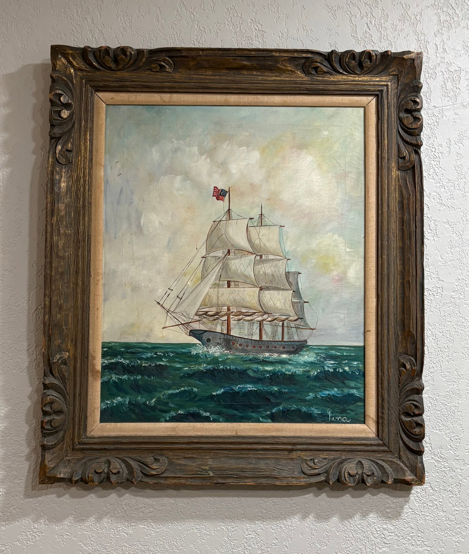 Vtg MCM Maritime Clipper Ship Framed Oil Painting (1 of 3)