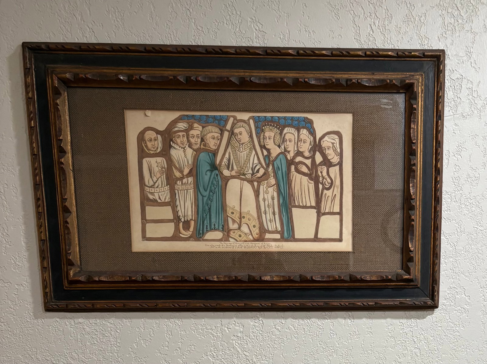 Vtg Colored Engraving Framed Artwork of King Henry VI & Margaret of Anjou Marriage: This artwork is a colored engraving depicting The Marriage of King Henry VI of England and Margaret of Anjou, which took place in 1445. This specific print is a reproduction of a famous 1793 colored e