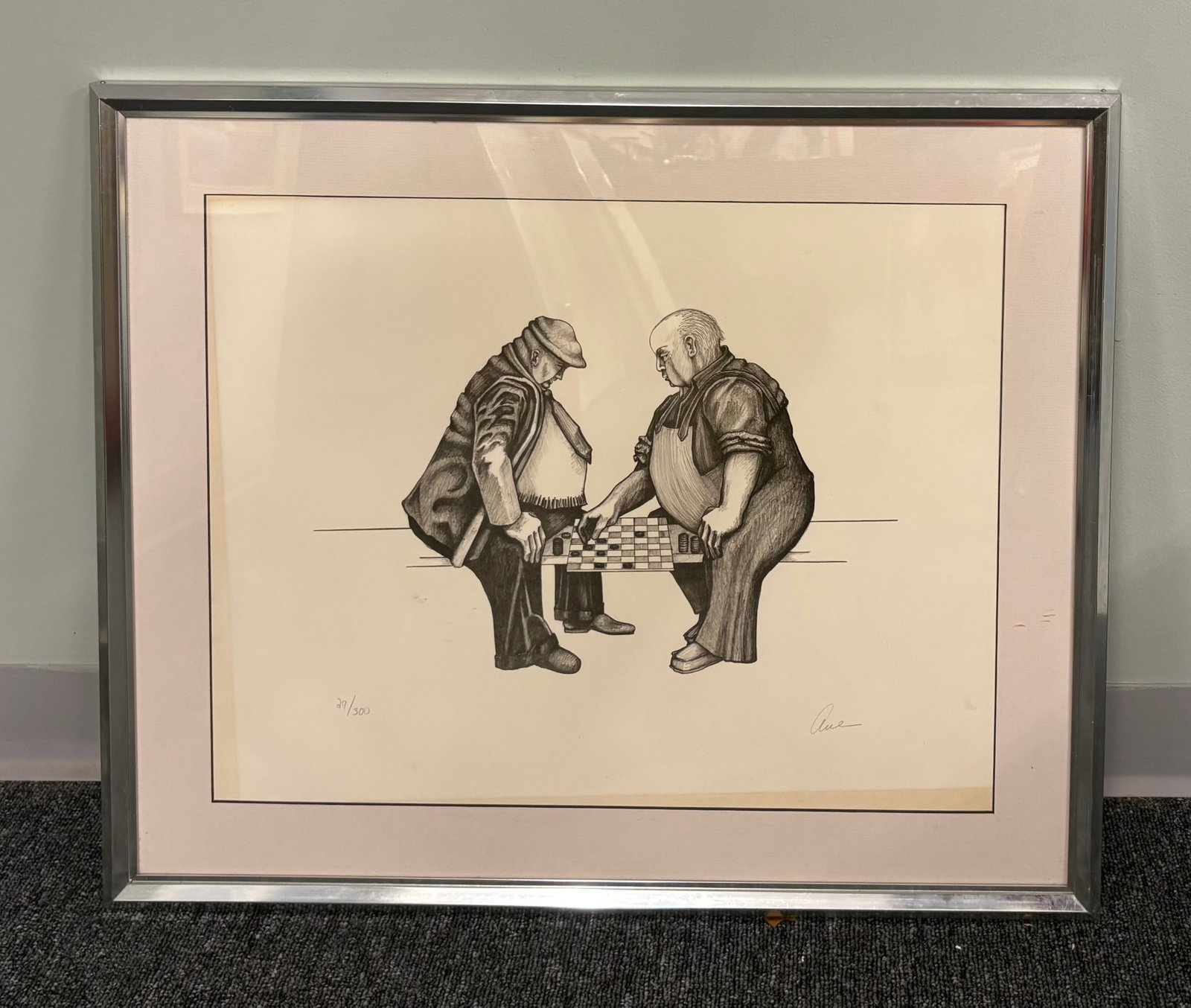 Vtg Limited-Edition Rotund Men Playing Chess Framed Lithograph Print -: This is a limited-edition lithograph print. The piece features an iconic signature style, which depicts people and figures in large, exaggerated, and volumetric proportions. The drawing illustrates tw