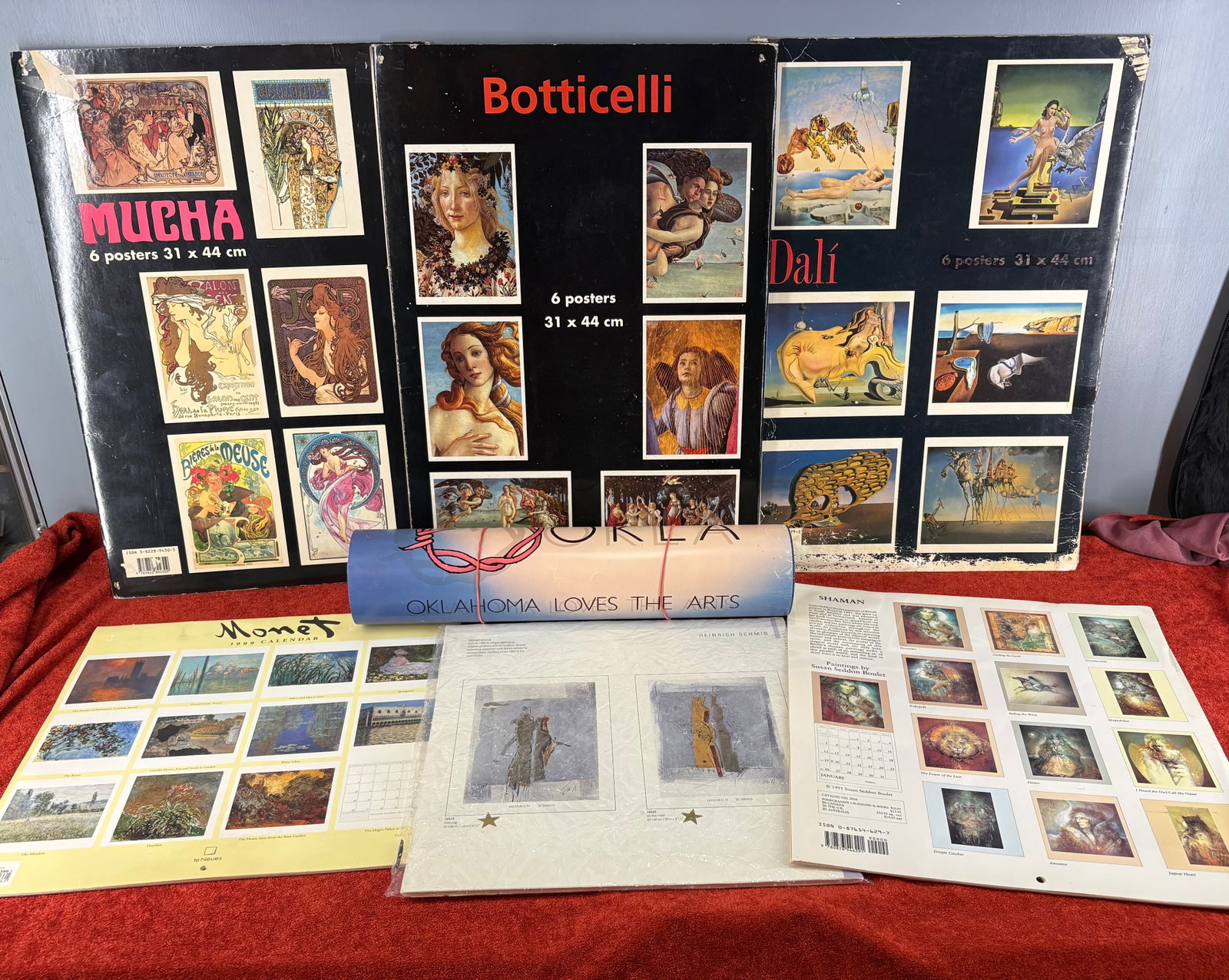 Vtg (80s/90s) Collection of Art Poster Portfolios/Calendars - Mucha, Botticelli, Dali, Monet, etc...: A vintage collection of art poster portfolios and calendars from the late 1980s and early 1990s. Featured in this lot are...1). Alphonse Mucha Portfolio: A vintage poster book featuring 6 large prints