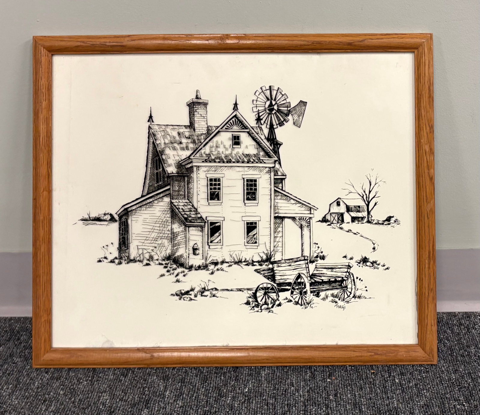 Vintage Pen & Ink Framed Drawing of Multi-Story Farmhouse - 22" x 18" (1 of 2)