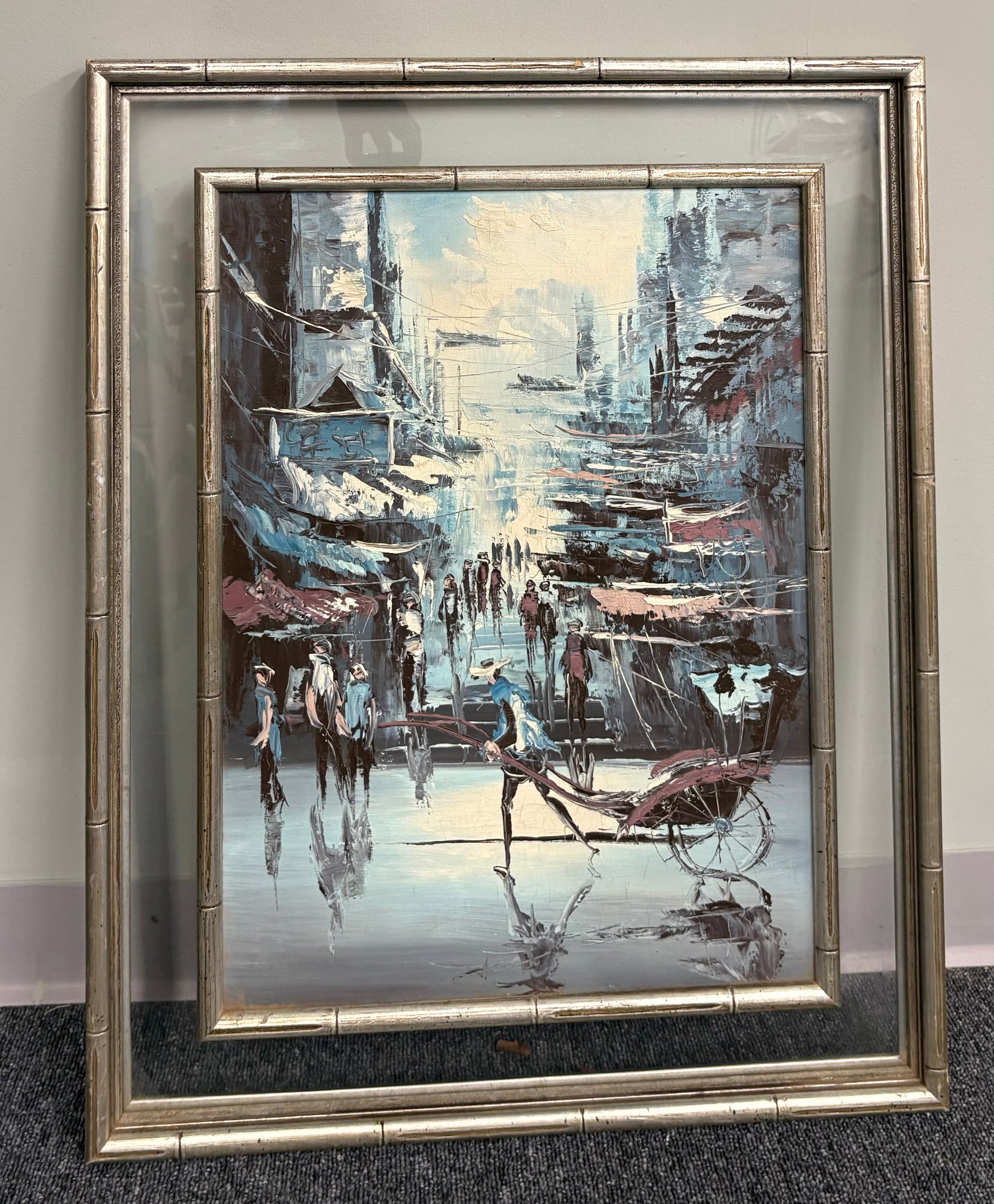 Vtg (1970s) Oil-on-Canvas Impressionist Asian Street Market Framed Painting - 25" x 31" (1 of 2)