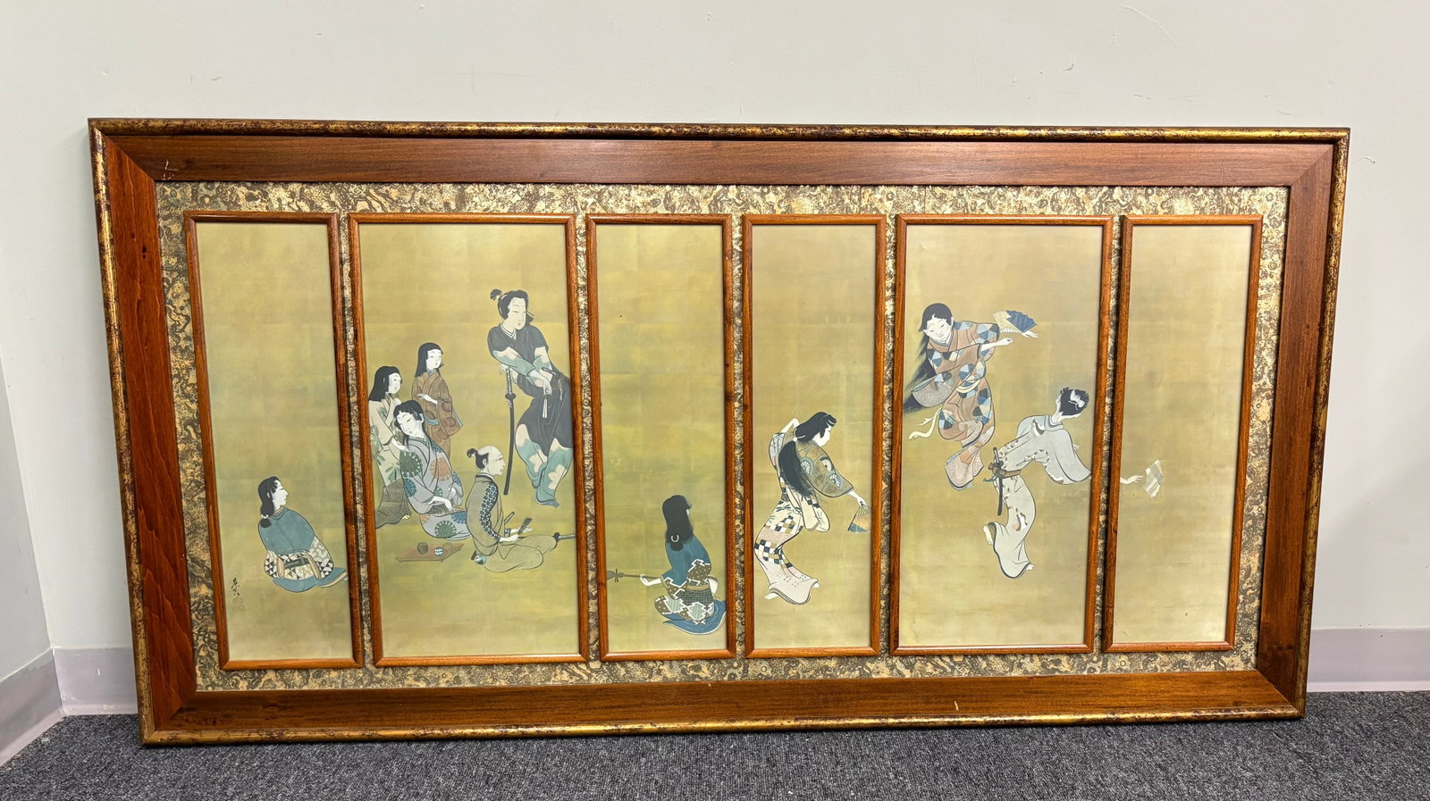 Vtg Mid-20th Century Japanese Six-Panel Wall Screen of Geisha Dancers - 31" x 34" (1 of 2)