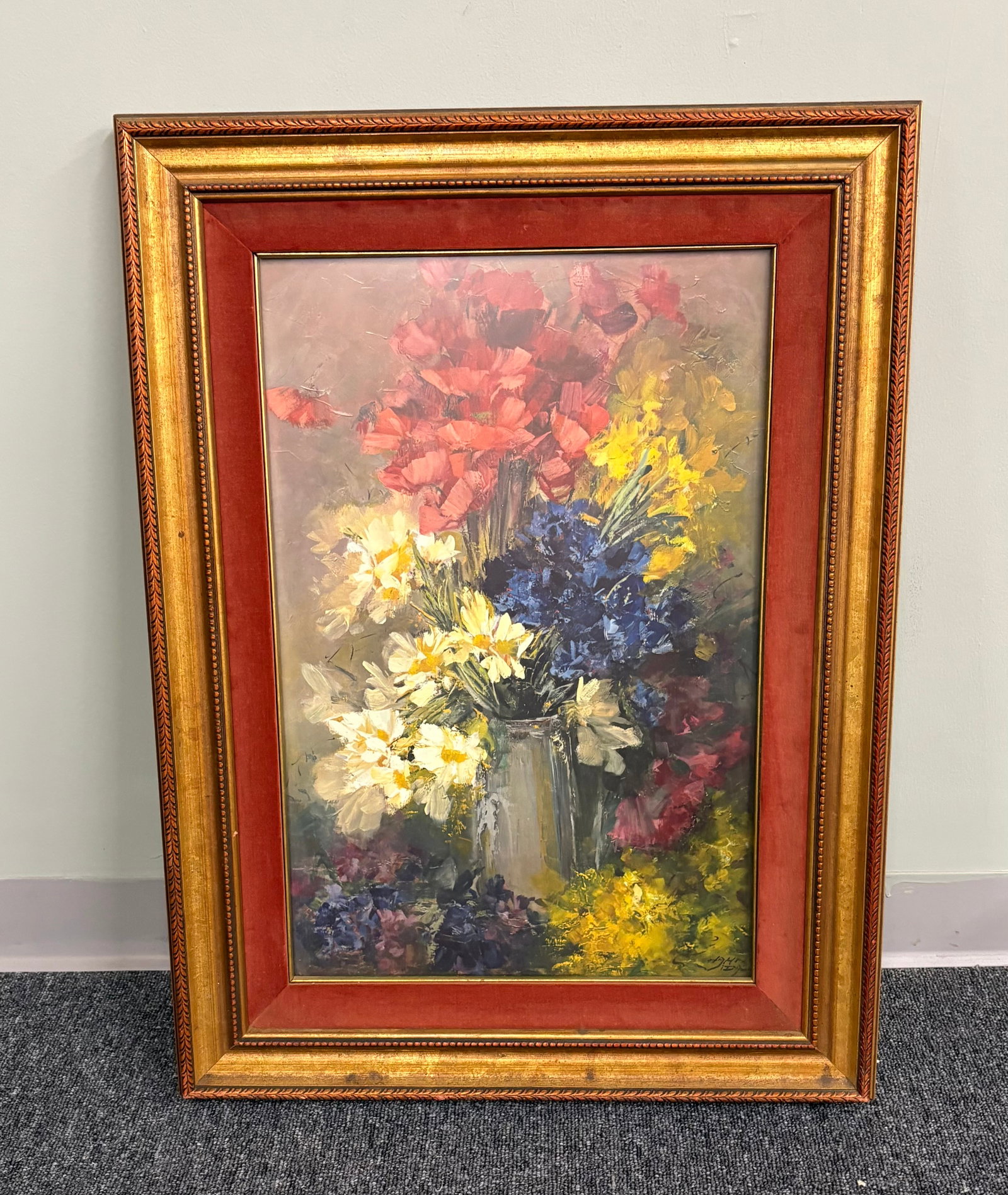 Vtg Framed Floral Still Life Oil Painting (Hahn Vidal) - 23" x 31": A floral still life painting by the artist Hahn Vidal, titled "Flower Market - Paris". It is an Impressionist-style composition featuring a vibrant, multi-colored bouquet composed of red poppies, yell