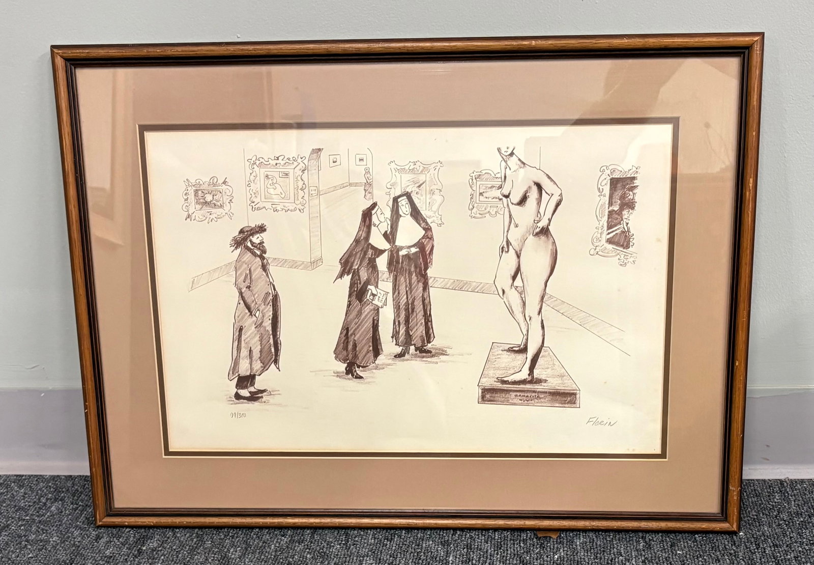 Vtg (ca. 1960s) Limited-Edition Humorous Museum Scene Framed Lithograph - 25" x 18": A humorous mid-century limited-edition lithograph print featuring a humorous museum scene. The print is commonly known as "Nuns in Museum". The illustration playfully depicts two traditional Catholic 