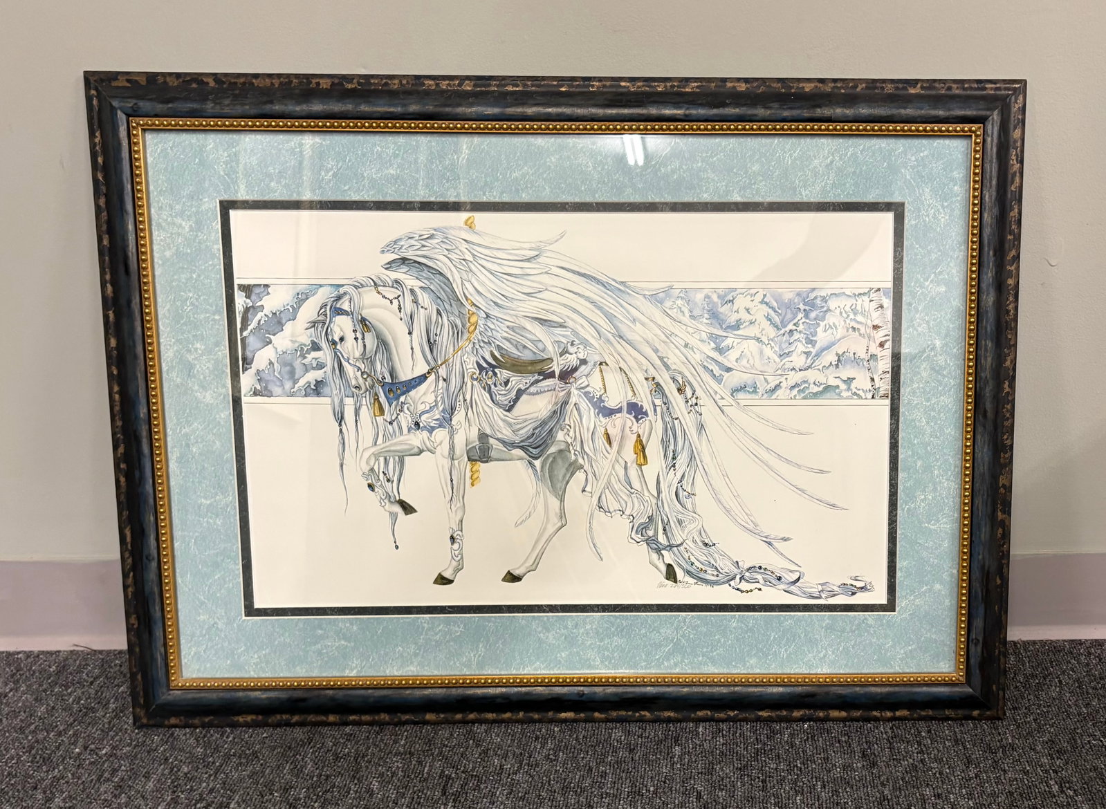 Vtg Framed Lithograph Titled, "Carousel Horse 1: Angel White" - 32" x 23" (1 of 2)