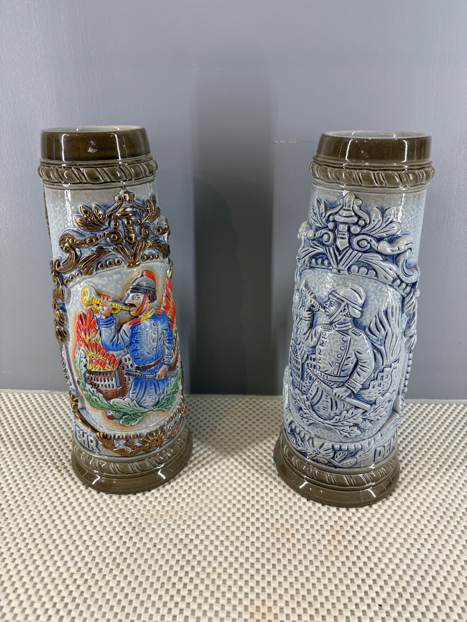Vtg Pair of German Ceramic Beer Steins (Feuerwehr Krug) - Firefighter Themed (1 of 6)