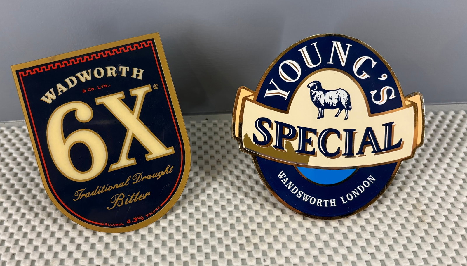 Vtg Pair of British Beer Pump Tap Handles - Wadworth 6X & Young's Special: These are authentic vintage solid plastic British beer tap handles/badges. These clasps (or clips) are badges attached to beer tap handles in British pubs to display the name, style, and alcohol conte