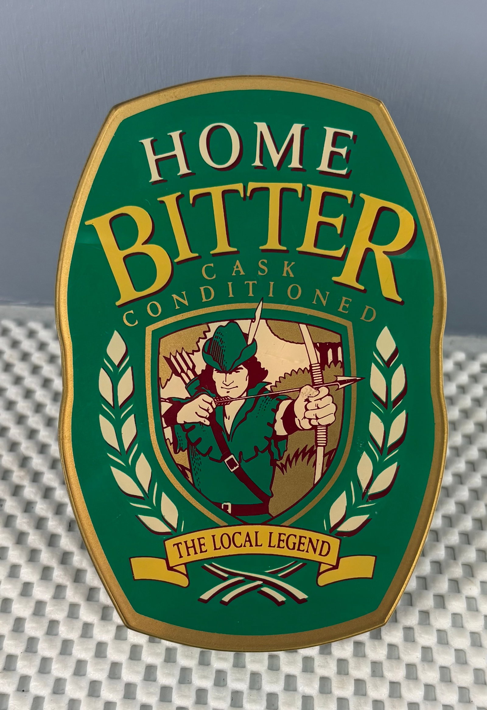 Vintage British Beer Pump Tap Handle - Home Bitter Cask Conditioned: This is an authentic vintage molded plastic British beer tap handle/badge. These clasps (or clips) are badges attached to beer tap handles in British pubs to display the name, style, and alcohol conte
