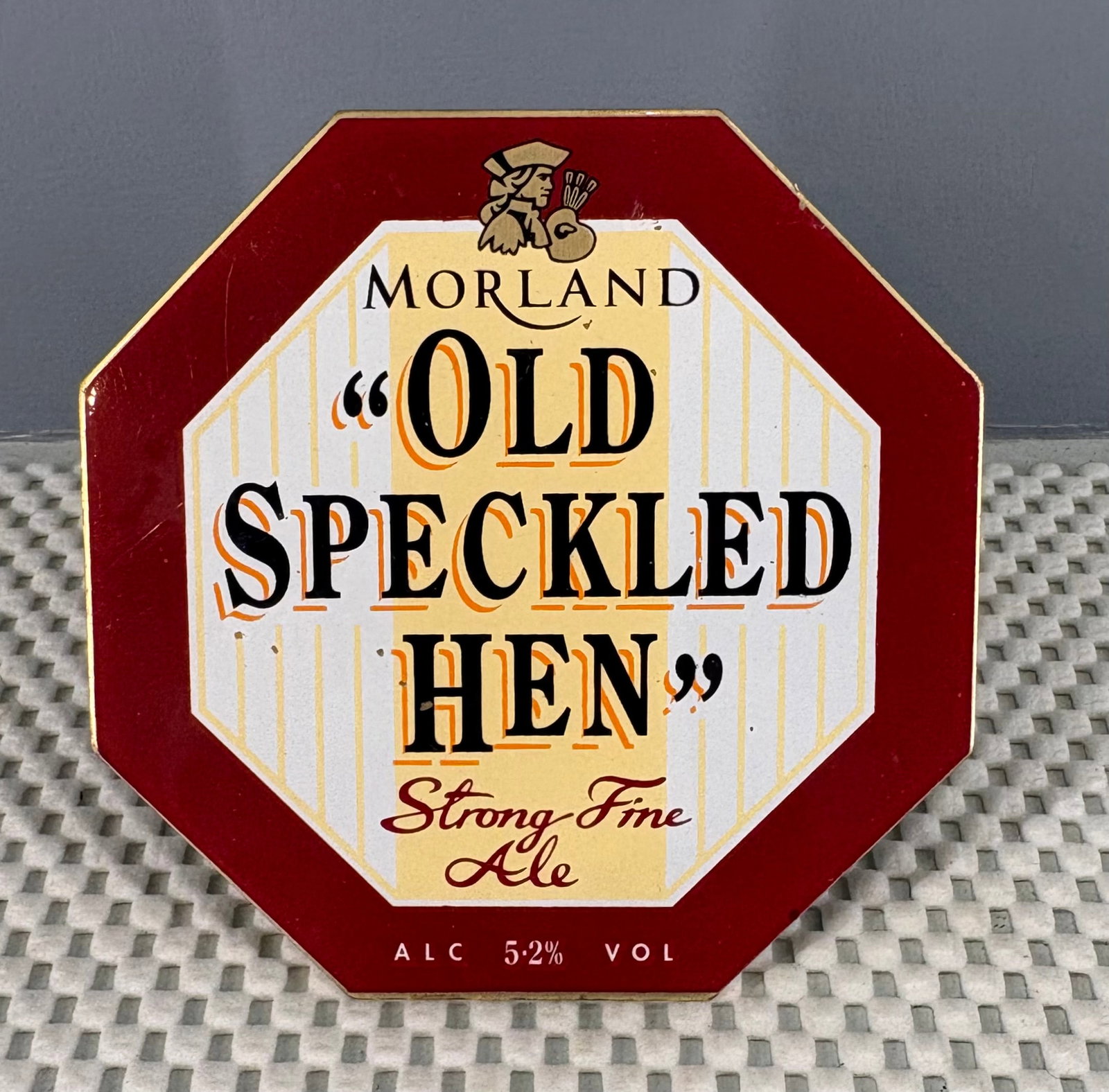 Vintage (1990s) British Beer Pump Tap Handle - Old Speckled Hen, Strong Fine Ale: This is an authentic vintage brass British beer tap handle/badge for the "Old Speckled Hen". These clasps (or clips) are badges attached to beer tap handles in British pubs to display the name, style,