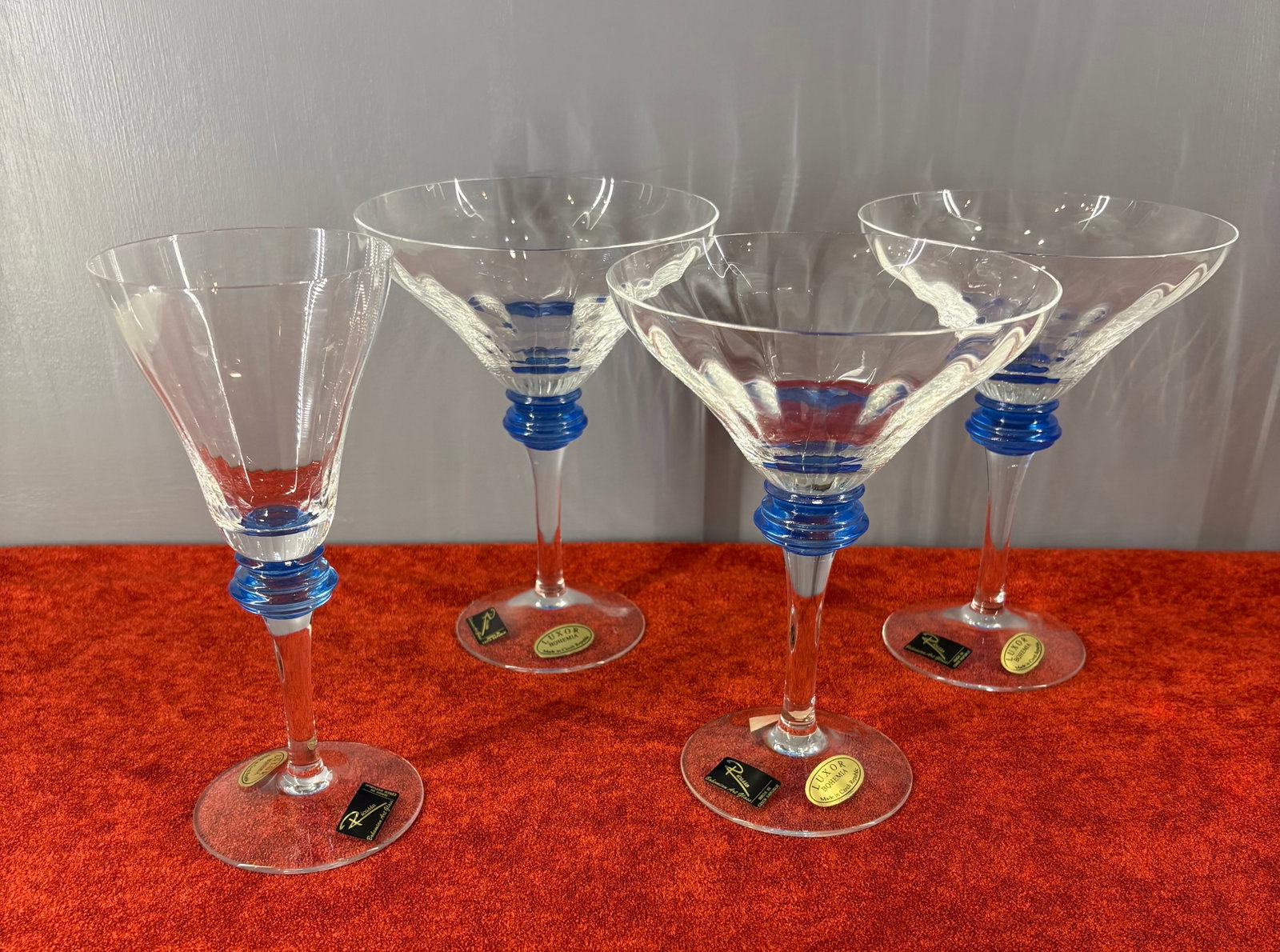 Vtg (Czech Republic) Luxor Bohemia Crystal Stemware (Martini & Wine Glass): Vintage Luxor Bohemia crystal stemware made in the Czech Republic, including a flute glass and three matching martini/cocktail glasses. They feature fine clear crystal bowls w/an elegant ribbed optic 