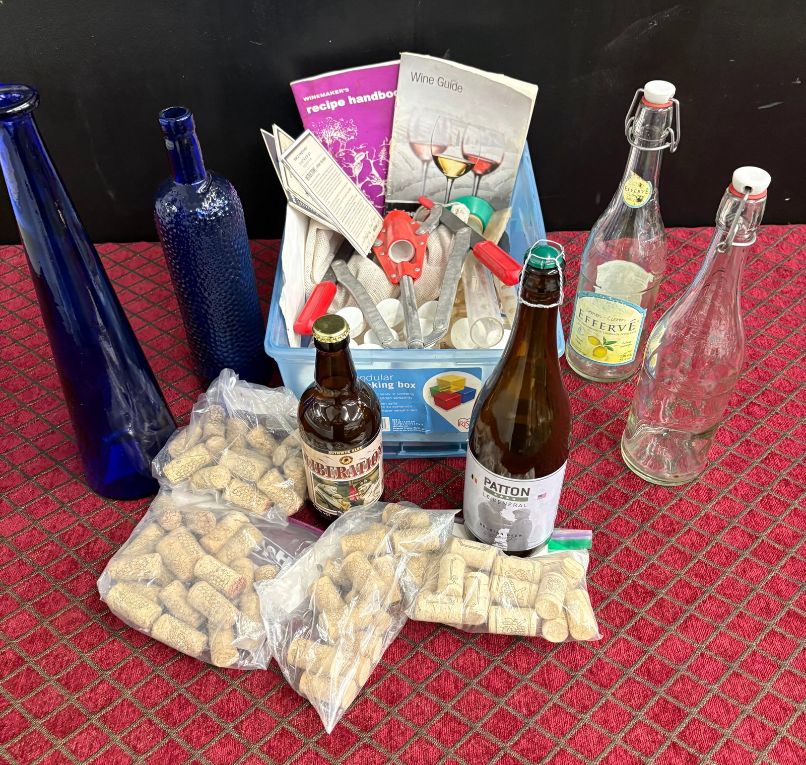 Vtg Home Brew (Wine, Craft, etc.) Equipment & Supplies Collection: A collection of equipment and supplies for home bottling, typically used for craft beverages like home brewed beer, soda, kombucha, or wine. Included in the lot…1). Handheld Bottle Capper: The promi
