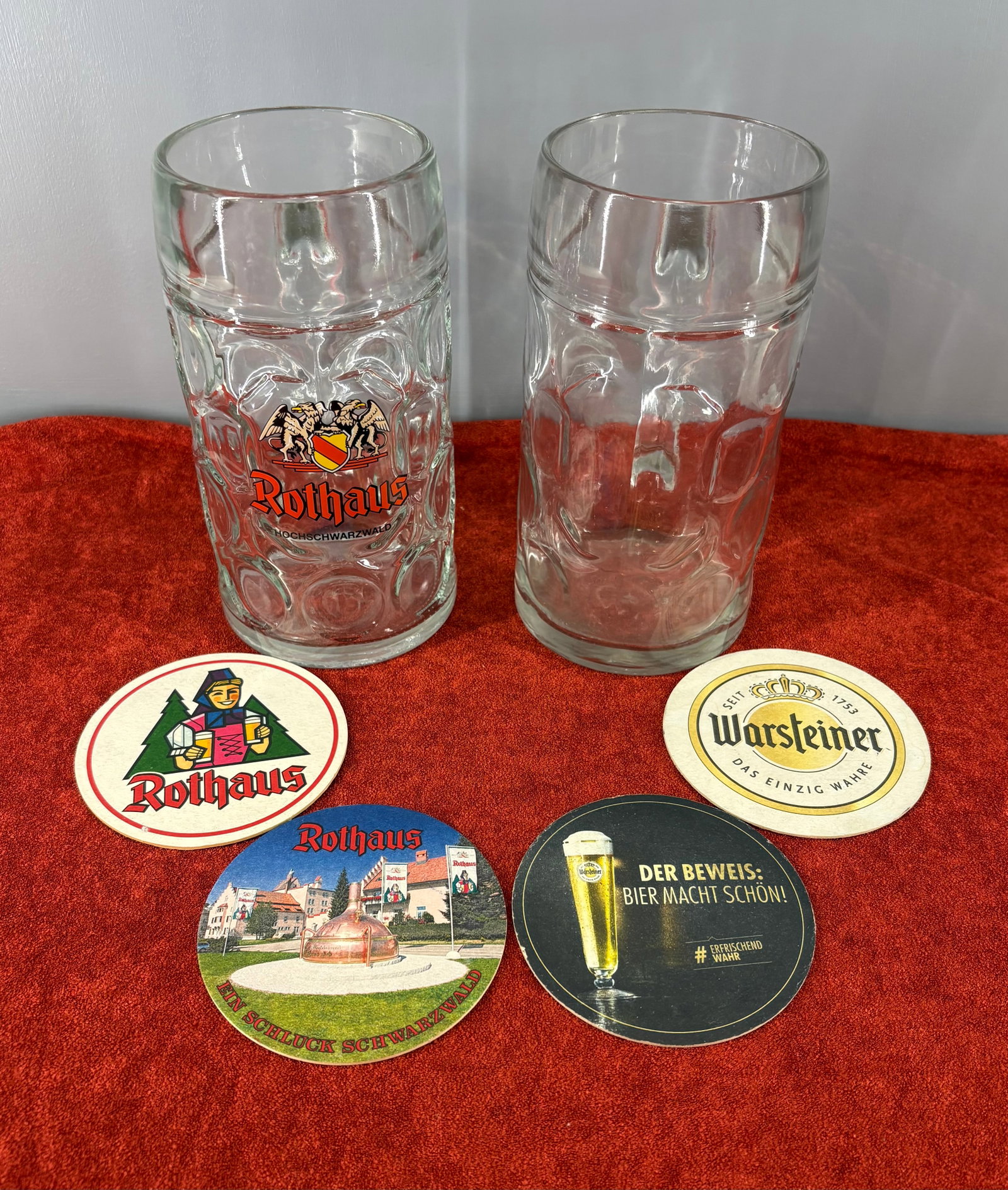 Vtg Traditional German Maßkrüge (1-Liter) Beer Mugs & Accessories: A collection of traditional German breweriana of what is known as the Maßkrüge (1 Liter of beer)which include...1). Rothaus 1 Liter Glass Beer Mug (Maßkrüge) - from the prominent Badische Staatsbr