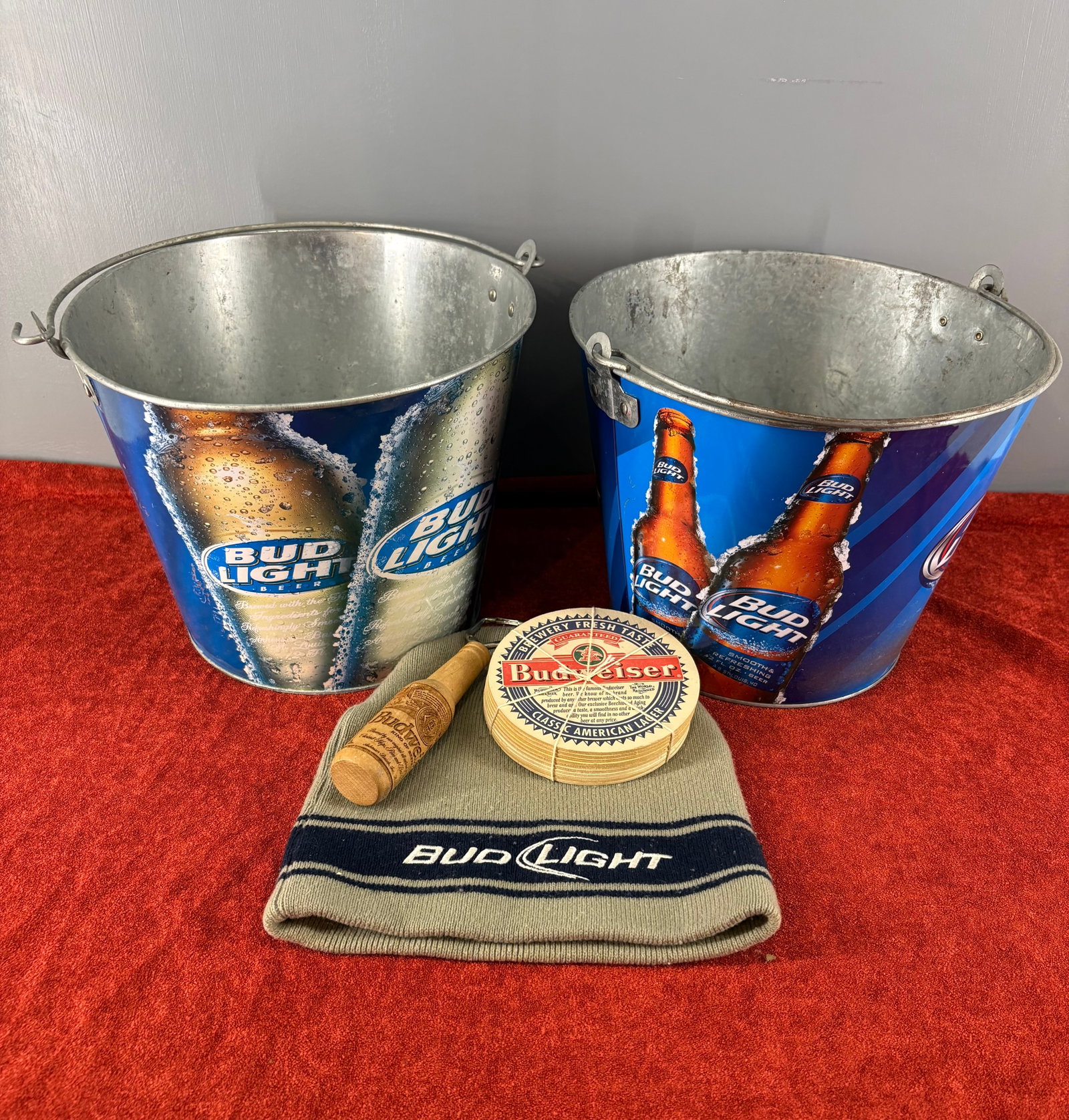 14-Piece Lot of Officially Licensed Budwieser/Bud Light Breweriana Bar Merchandise: Variety lot of officially licensed Anheuser-Busch breweriana bar merchandise and collectibles centered around Bud Light and Budweiser brands. Included are...1). Bud Light Metal Ice/Beer Buckets (x2) -