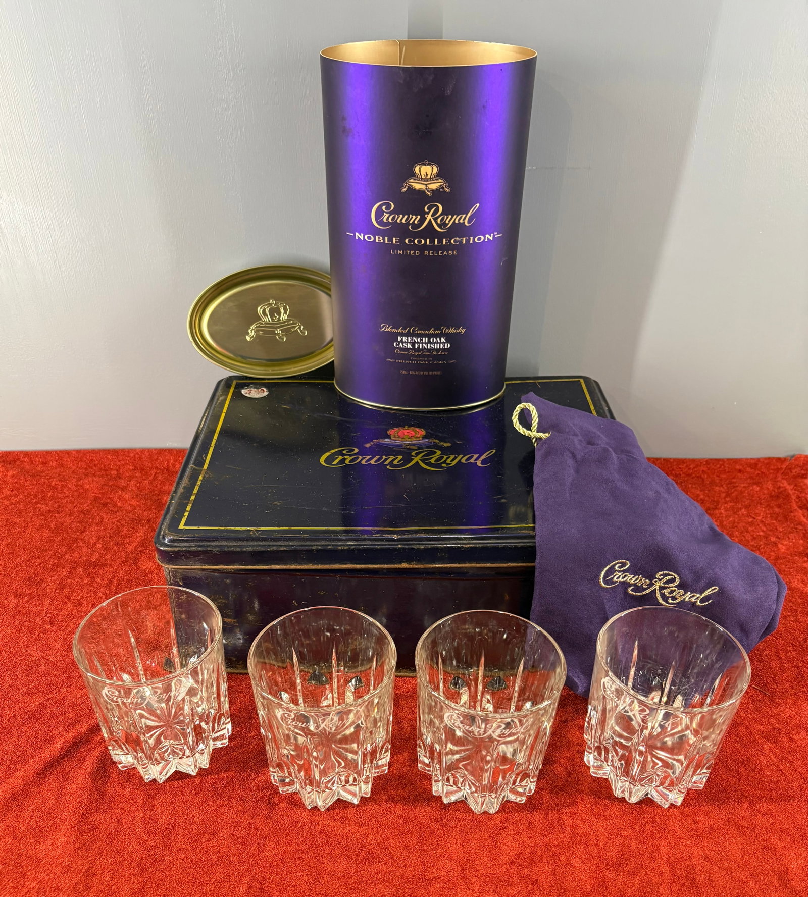 Vtg 7-Piece Crown Royal Whiskey Premium Collector's Lot: This premium collector's set centers around the Crown Royal Noble Collection French Oak Cask Finished Blended Canadian Whisky. Included in this collection...1). Noble Collection Packaging (The Tube Ca