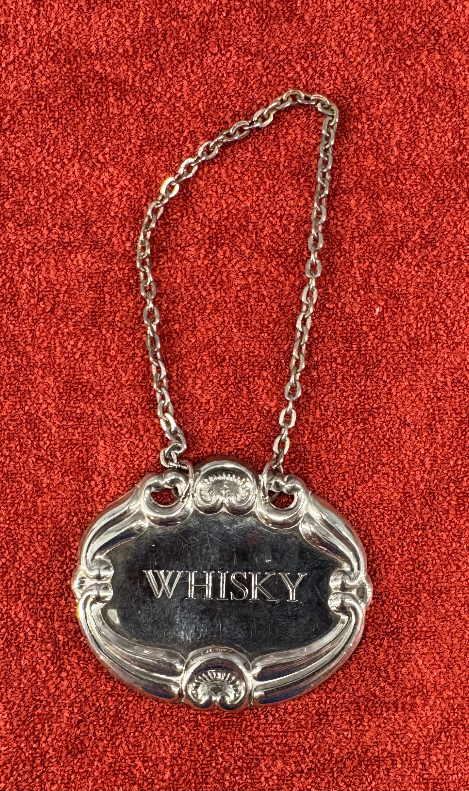 Vtg Metal (British) Decanter Label - Whisky: Vintage metal decanter label (also called a liquor tag or bottle tag), specifically engraved with the word "WHISKY". It features a traditional, ornate Chippendale-style border complete with elegant sh