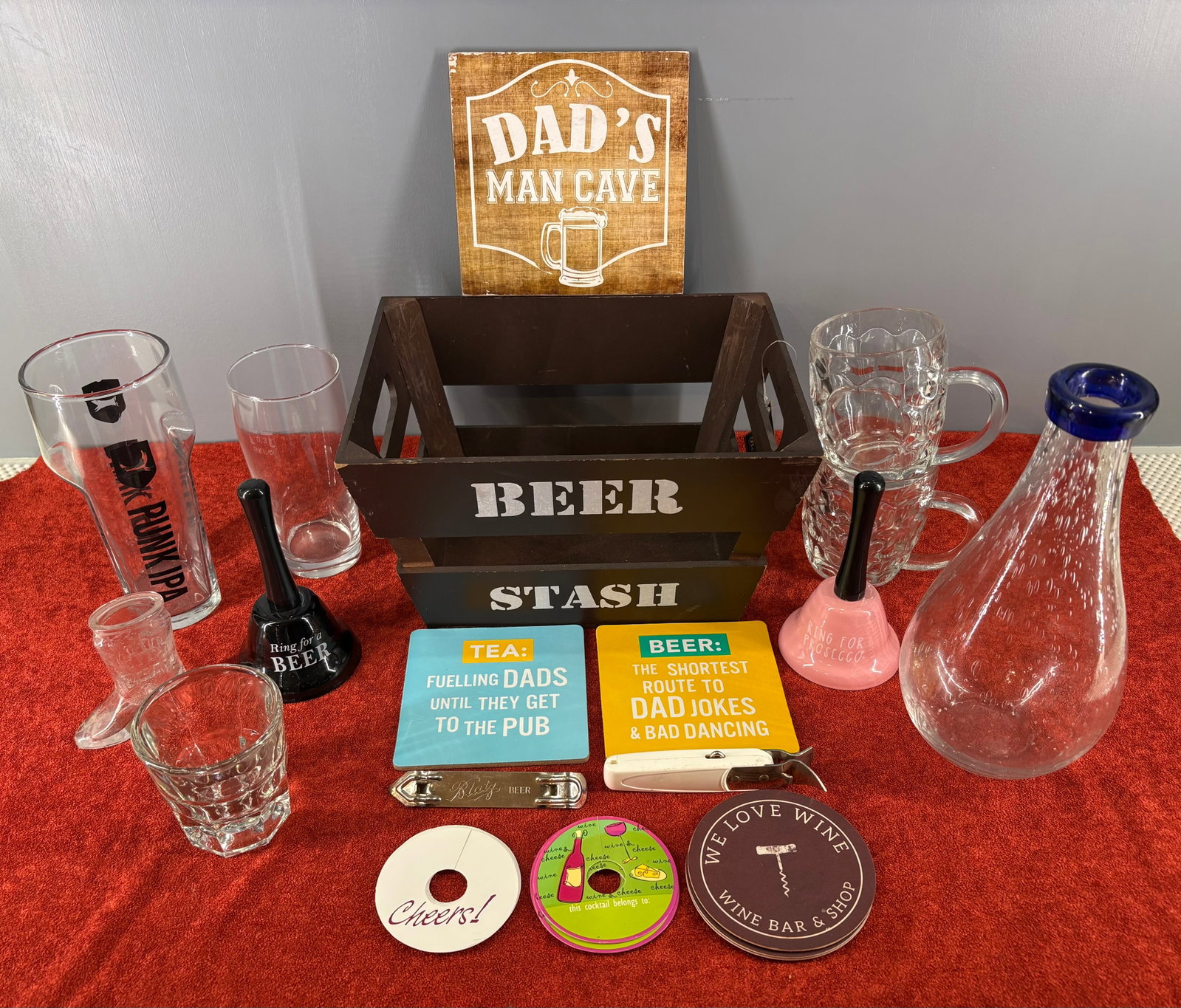 Vtg Barware & Drinking Accessories Collection: A curated collection of drinking-themed/barware accessories. Items included in this lot....1). Wooden "BEER STASH" Crate, 2). "Ring for Beer" & "Ring for Prosecco" call bells, 3). Dad's Man Cave sign,