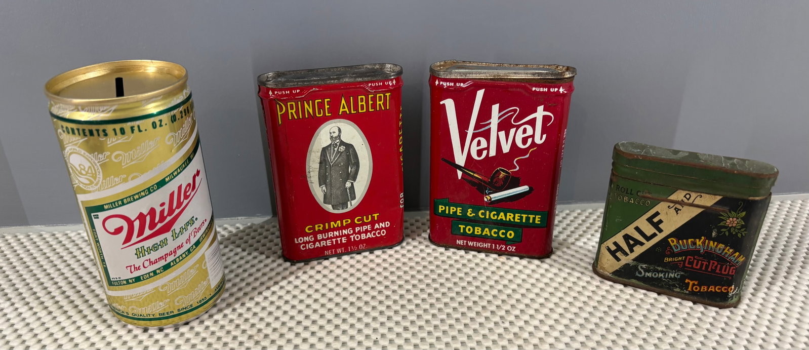 Vintage 4-Piece Advertising (M-to-L 20th Century) Collection: Four vintage advertising collectibles dating from the mid-to-late 20th century. The Collection includes...1). Miller High Life Can Bank - A 10 oz aluminum Miller High Life coin bank made to resemble t