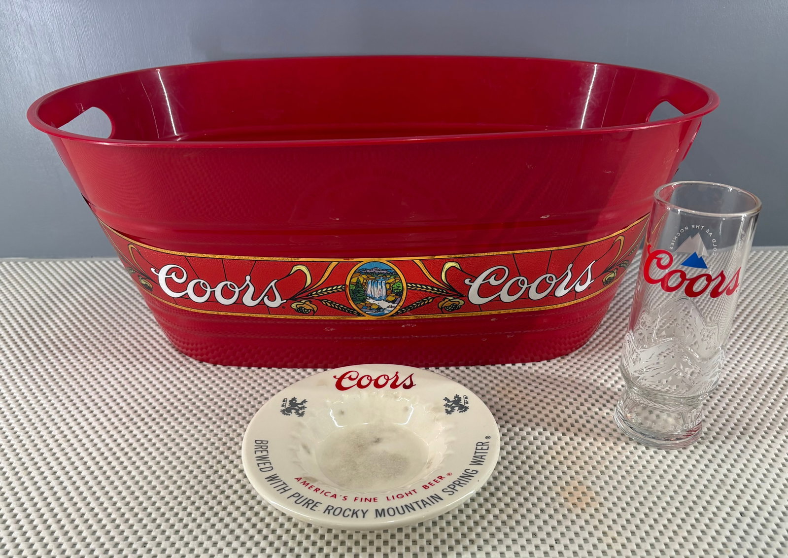 Vintage Coors Branded Beer Barware Collection: Vintage collection of branded Coors beer barware, centered around their classic mid-century to retro advertising styling. The featured items include...1). Plastic Beer/Ice Bucket w/Coors Decal Labelin