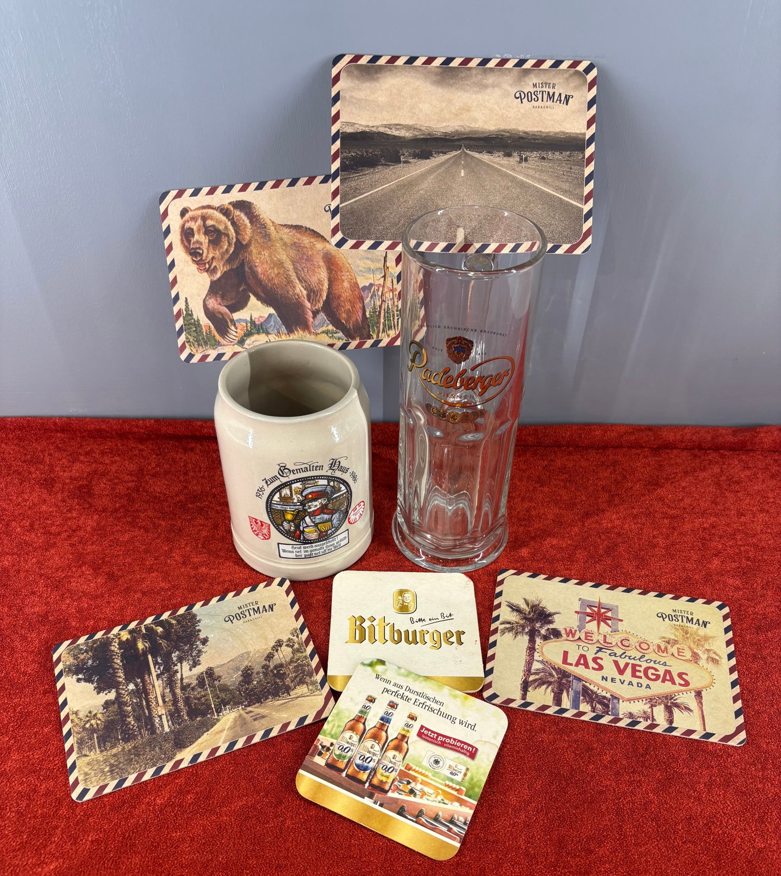 Vintage/Authentic (German) Brewery Barware Collection: Vintage collection of authentic German brewery barware alongside classic promotional pub coasters. Featured in this lot is....1). Radeberger Pilsner Glass Mug (0.5 Liter) - Radeberger mug w/enamel gol