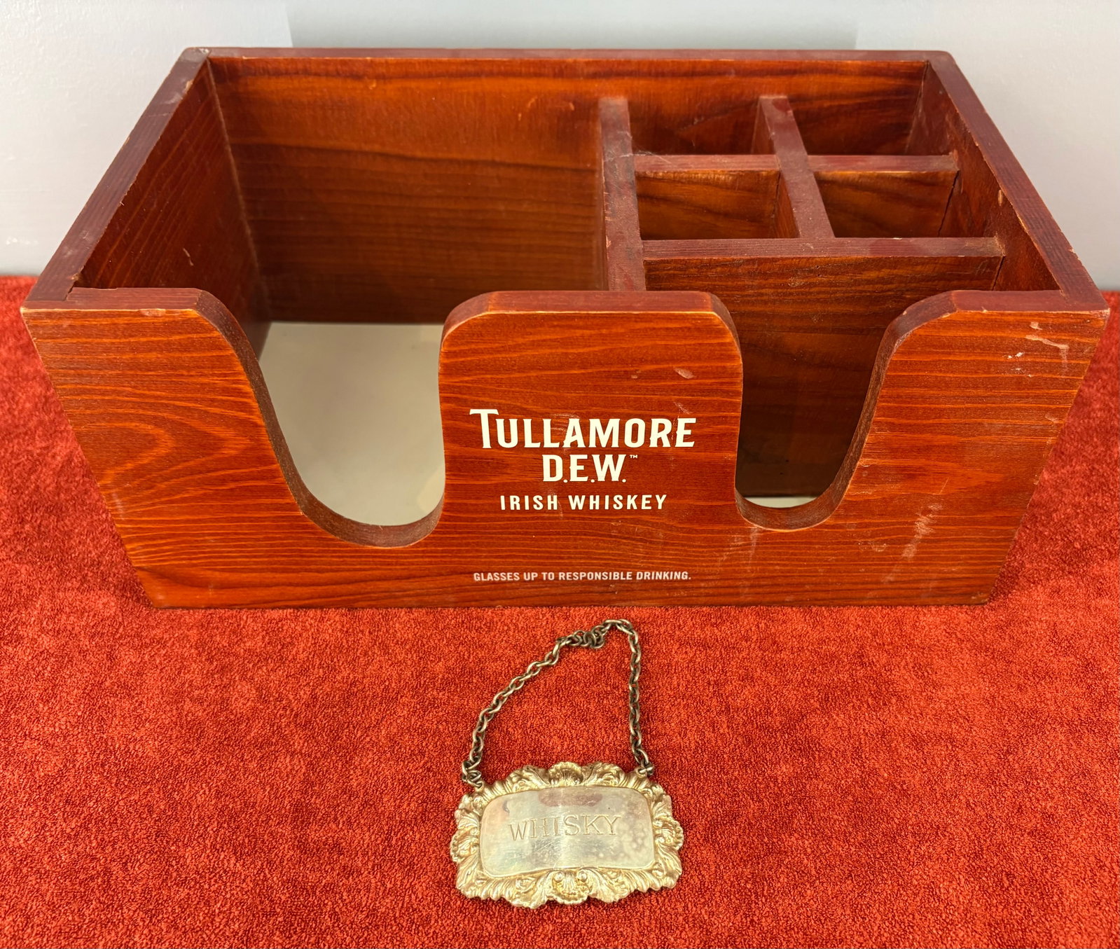Vtg Tullamore Irish Whiskey Bar Caddy + Silver-Plated Whisky Decanter Label: Vintage-style Tullamore D.E.W. Irish Whiskey Wooden Bar Caddy paired with an ornate silver-plated Whiskey Decanter Label. Specifics include....1). Wooden Bar Caddy - Crafted from a rich, stained hardw