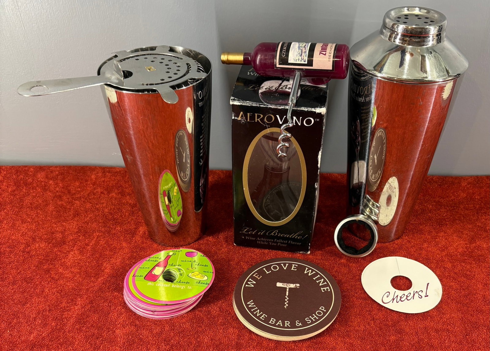 Vintage Wine & Cocktail Barware & Accessories Collection: Vintage wine & cocktail barware and accessories collection designed for opening, aerating, and mixing drinks. The collection includes...1). Aerovino Wine Aerator - The black box in the center contains