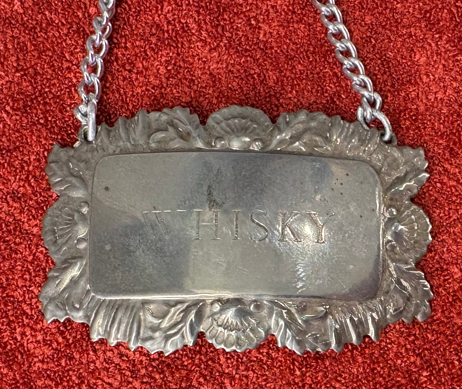 Vintage (1950s-70s) Silver-Plated Decanter Label - Whisky (Made in England): Vintage silver-plated, Made in England, decanter label (also referred to as a bottle ticket or liquor tag), specifically engraved w/Whisky. The label features an ornate, die-struck repoussé border de