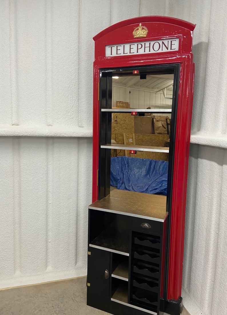 British Telephone Booth Bar - Unique & Rare: Interested in a piece of British History? This unique bar item is a full size fiberglass mold of the front of an original red British K6 Telephone Box (booth). Visually, it's difficult to ascertain it