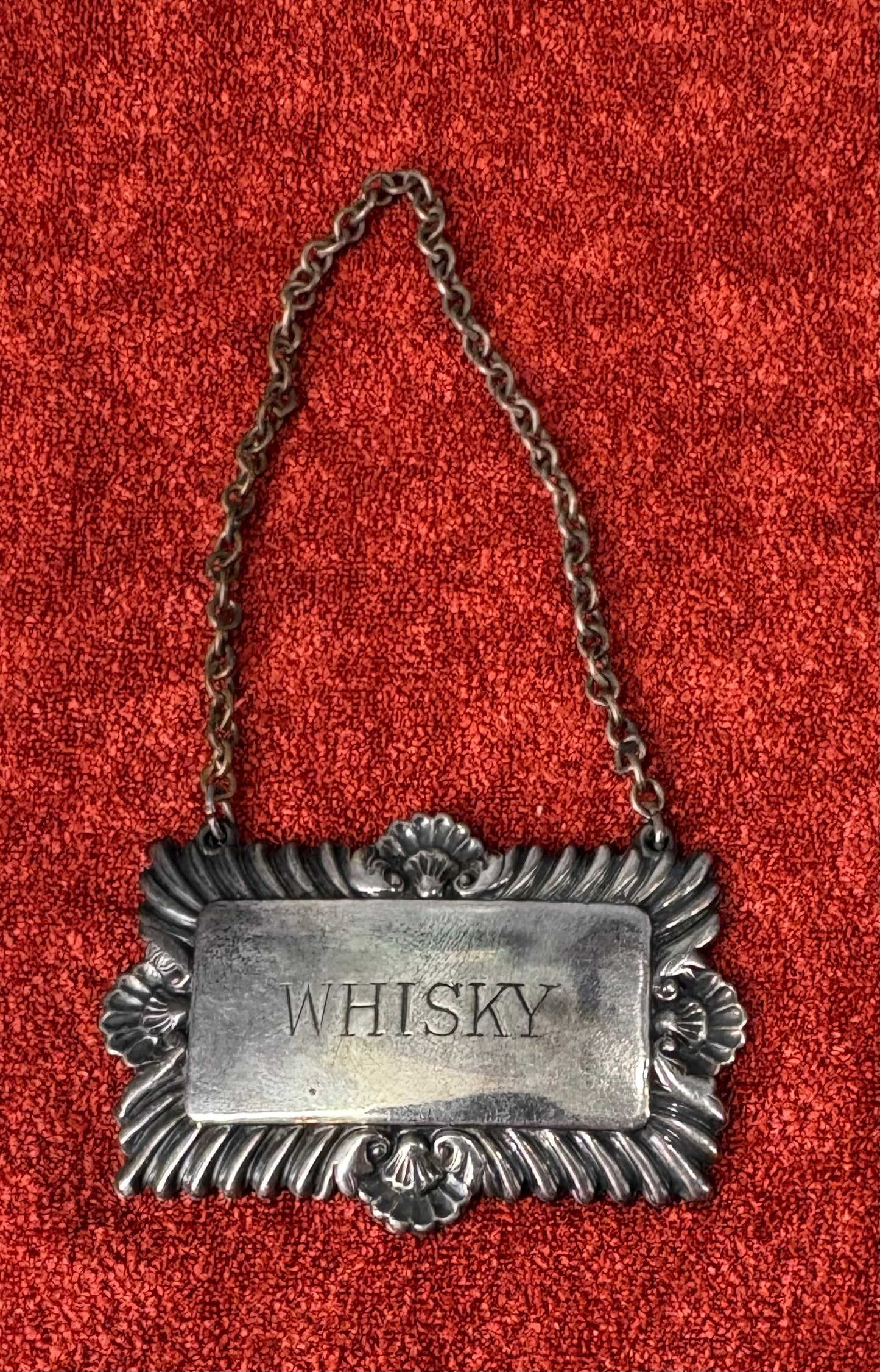 Vintage (1950s-70s) Silver-Plated Decanter Label - Whisky (Made in England): Vintage silver-plated, Made in England, decanter label (also referred to as a bottle ticket or liquor tag), specifically engraved w/Whisky. The label features an ornate, die-struck repoussé border de