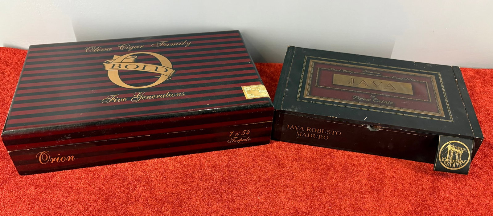 Vintage 2-Piece Nicaragua Tobacciana Cigar Box Collection: Two vintage collectible wooden cigar boxes which include...1). Oliva "O" Bold Orion Torpedo Brand (Nicaragua) - From the Oliva Cigar Family, this is the Oliva "O" Bold line originally released in 2001