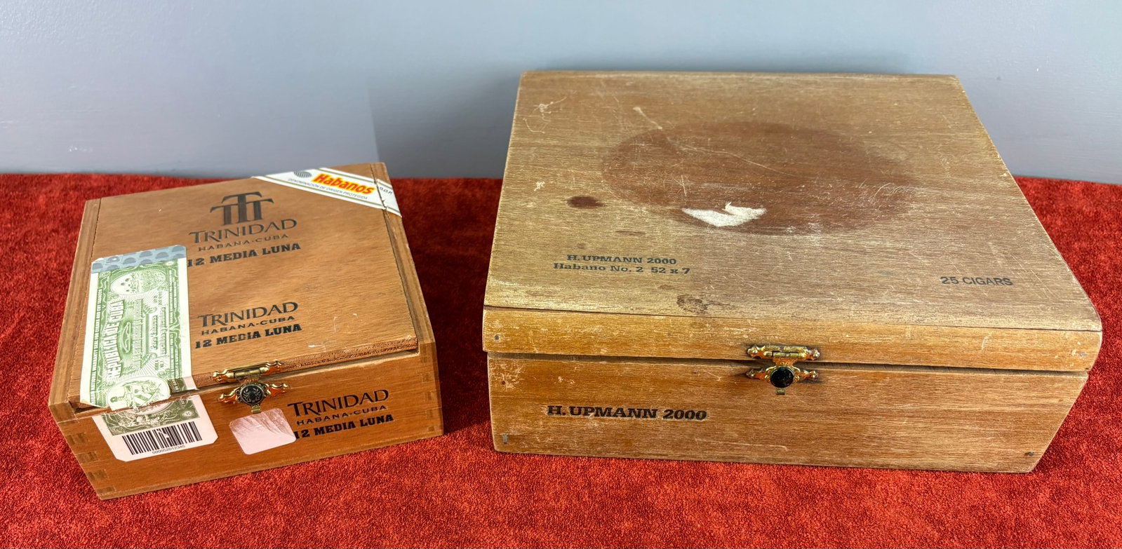 Vintage 2-Piece Cuban & Dominican Republic Tobacciana Cigar Box Collection: Two vintage collectible wooden tobacciana cigar boxes which include...1). Premium Trinidad Media Luna Cuban Cigar Box (Cuba) - originally contained 12 cigars & released in late 2019 to mark the 50th a