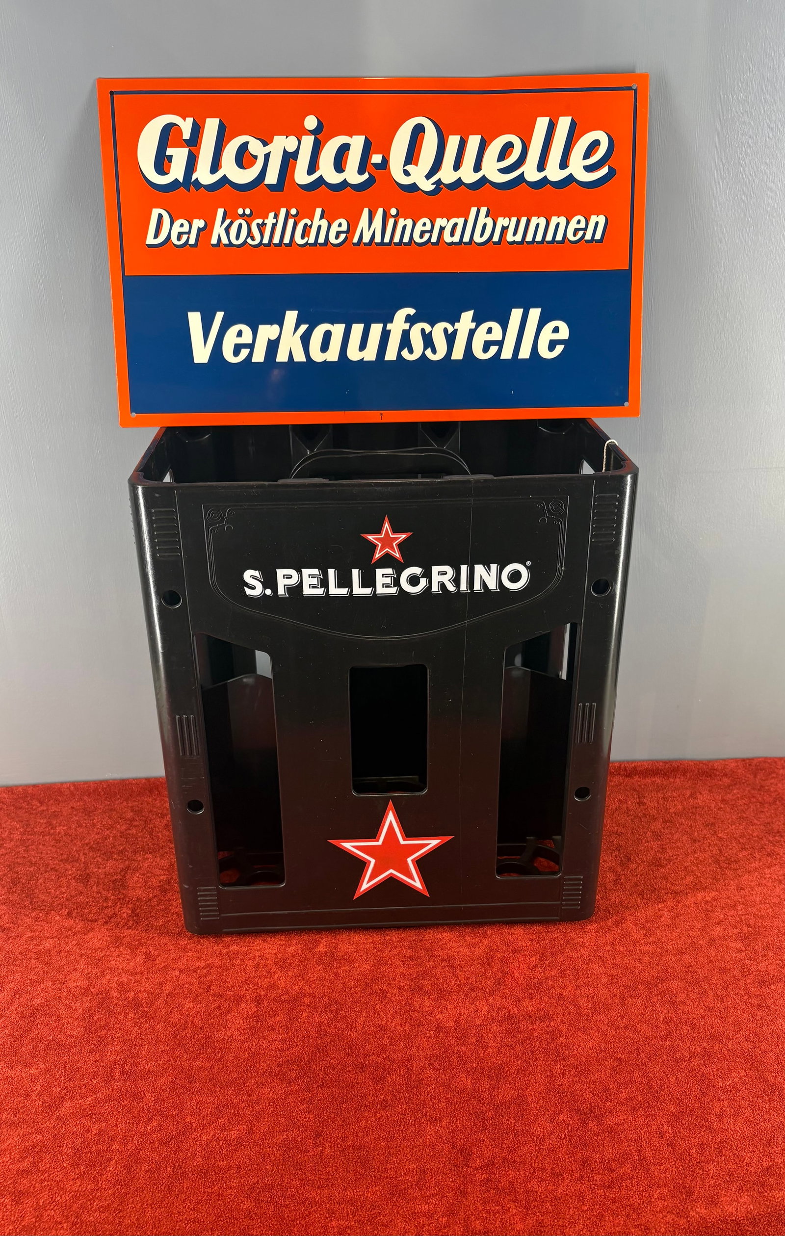 Vtg West German (Gloria-Quelle) Advertising (Tin) Sign & French (S. Pellegrino) Beverage Crate (1 of 6)