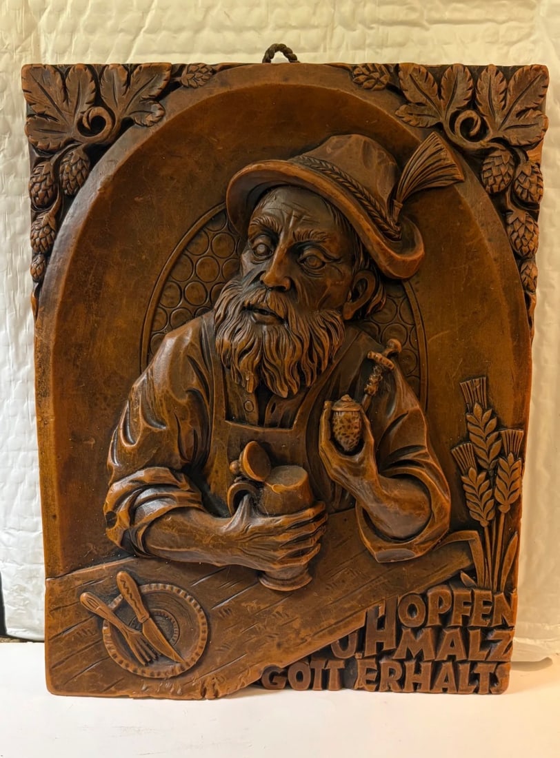 Authentic (German) Hand-Carved Wax Relief Decorative Wall Plaque - Fest Dressed Man: Authentic German hand-carved wax relief decorative wall plaque. It features a traditional German saying related to beer brewing. It’s a wax relief sculpture, depicting a German man in traditional fe