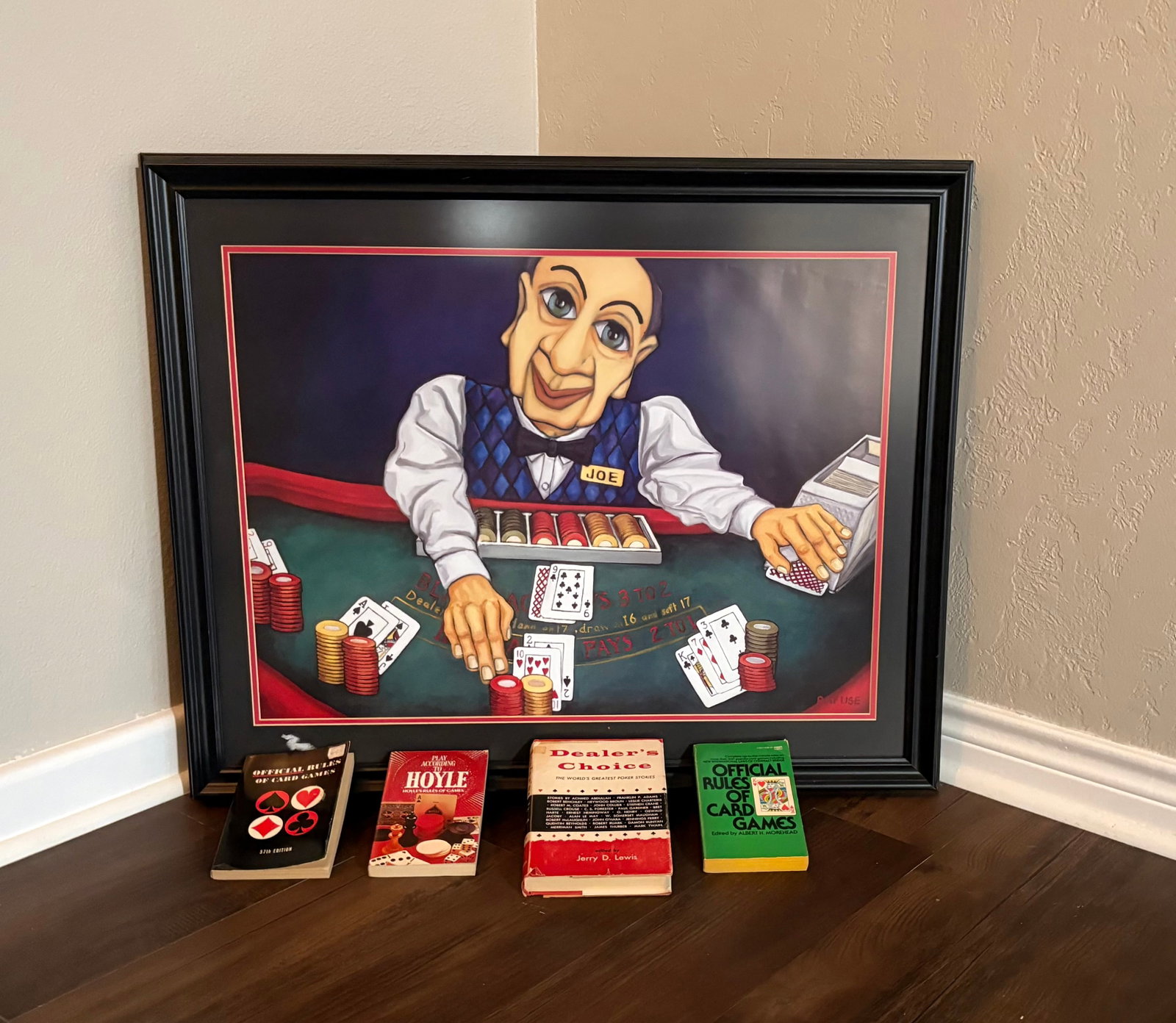 Vintage (1950s/60s) Cards Gambling Anthologies & Strategies + Framed "Dealer Joe" Art Print: A collection of vintage card game anthologies, rule books, & a large art print titled "Dealer Joe". The lot includes....1). "Dealer Joe" Art Print (by Canadian artist Will Rafuse) - Rafuse is known fo